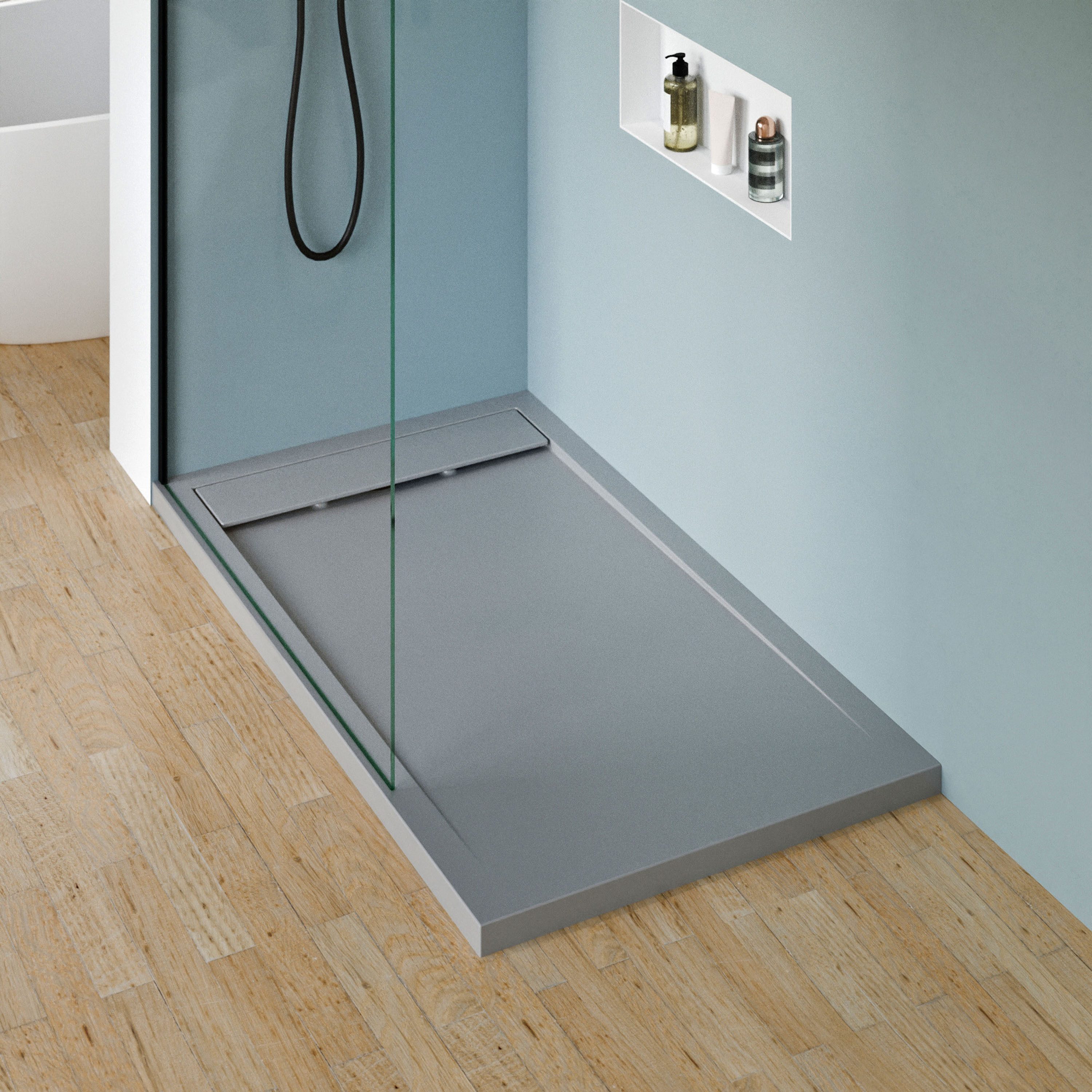 Bernstein Rechteckduschwanne New York, GFK mit Gel-Coat, Duschwanne 160x80cm Steinoptik Beton-Optik flach ohne Ablauf