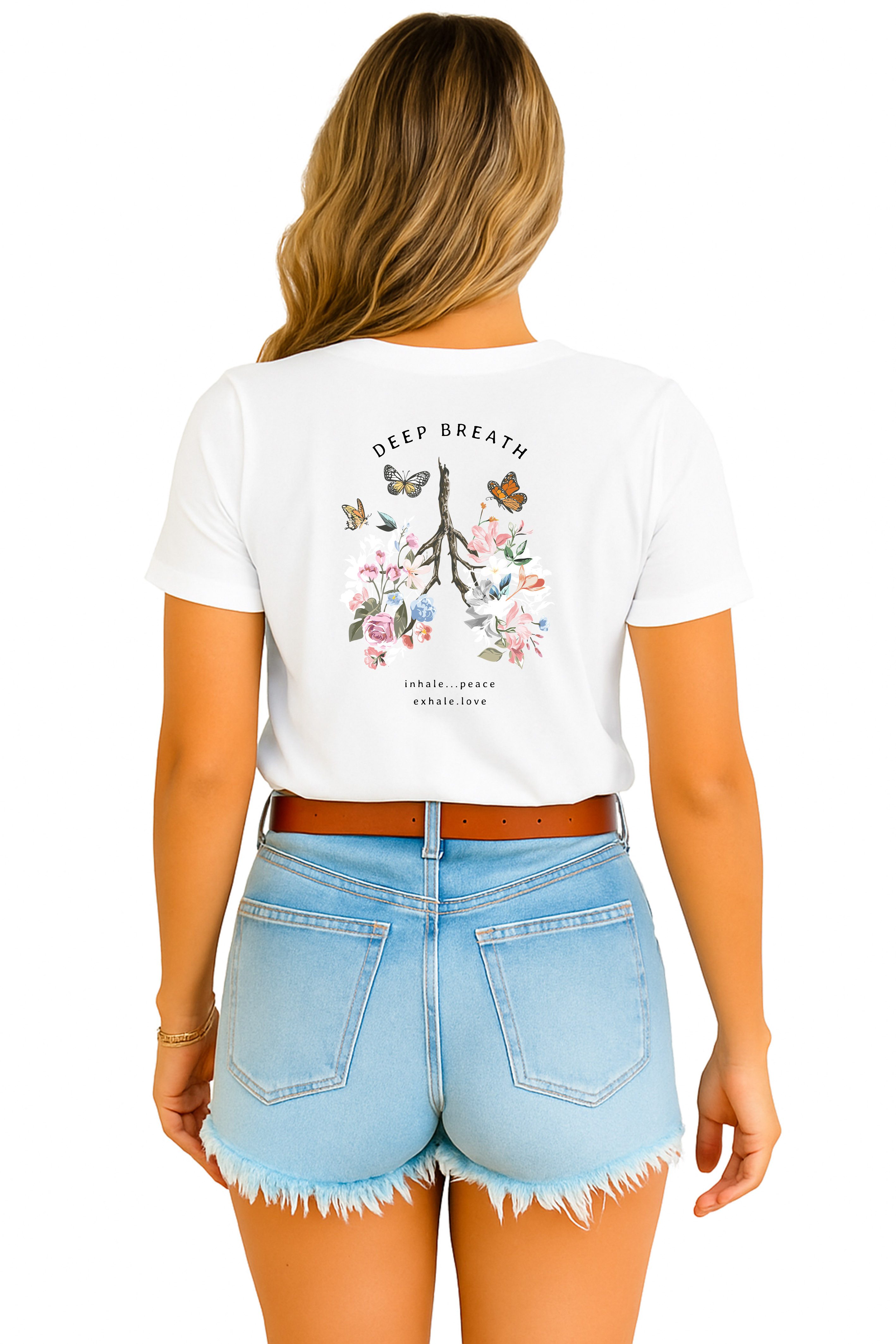 Banco T-Shirt Damen mit Rückendruck „Deep Breath“ – Blumen & Schmetterlinge günstig online kaufen