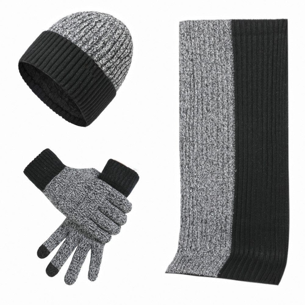 Blusmart Mütze & Schal Farbblock-Strickschal, Mütze, Handschuhe (Unisex winterwarmes 3-teiliges Set, Plüschmütze, Schal, Touchscreen-Handschuhe) Stilvoll und warm
