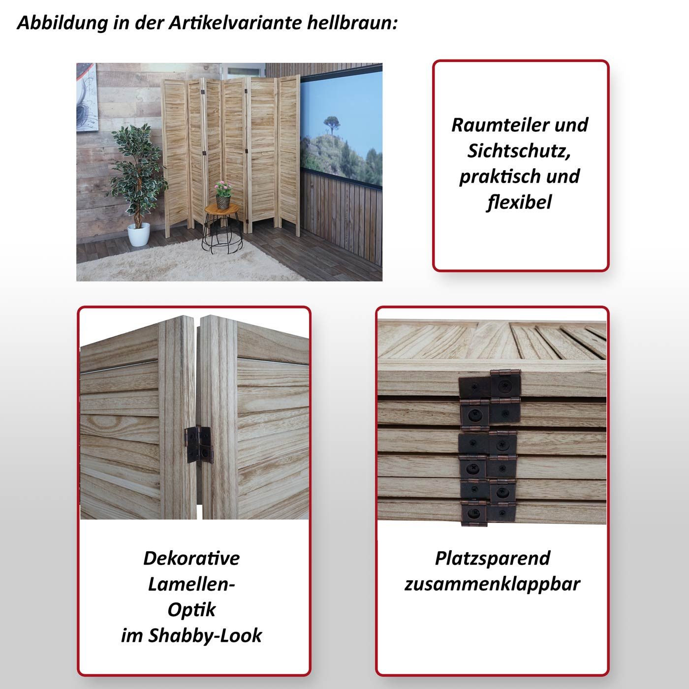 MCW Paravent MCW-G30-240, 6-teiliger Paravent, Fensterladenoptik, Komplett fertig montiert