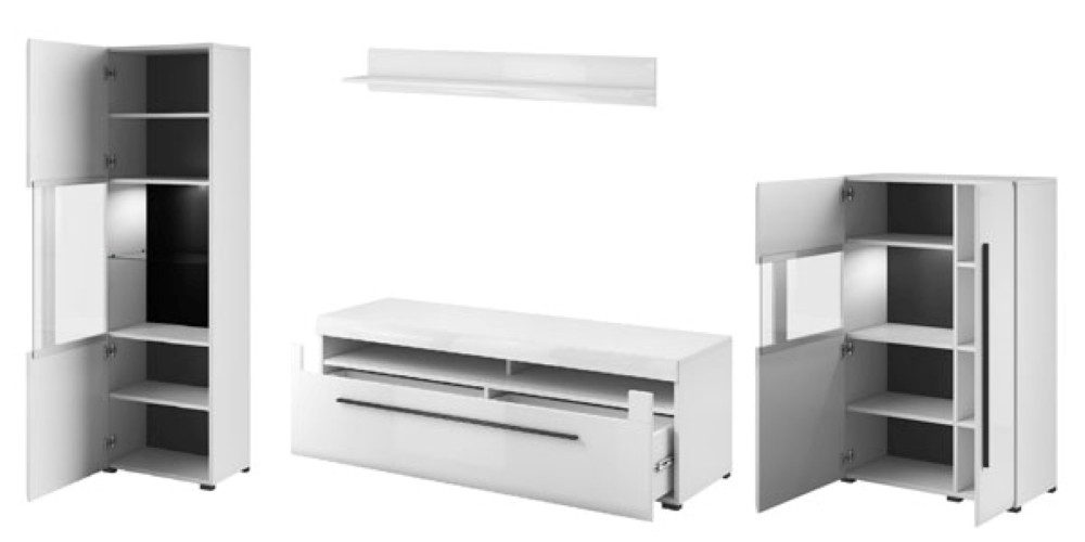 Helvetia Wohnwand Tulsa, (Tulsa, 4-St., 1 Vitrine, 1 Highboard, 1 Lowboard, 1 Wandregal), 290cm weiß / weiß Hochglanz 4-teilig