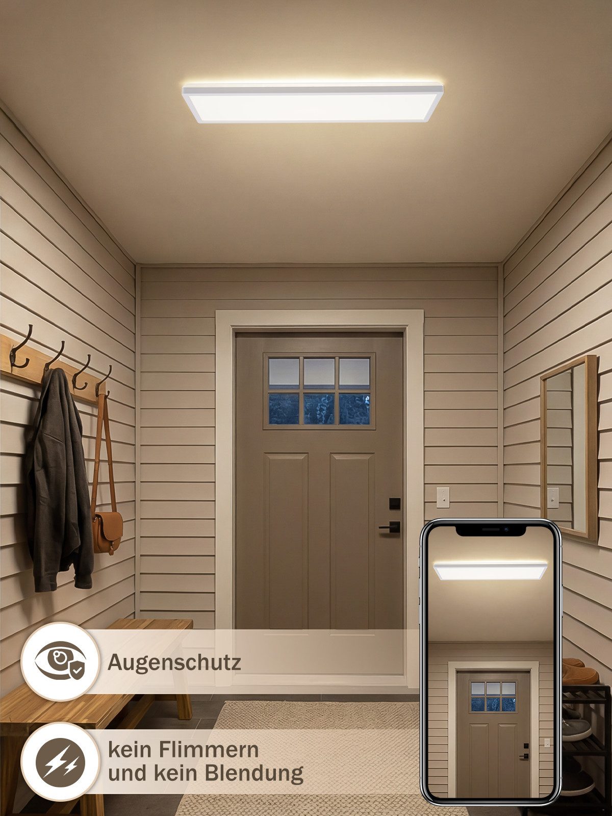 Nettlife LED Panel deckenleuchte bewegungsmelder 24W 120/165°Erfassungswinkel, LED fest integriert, für Flur Garage rechteckig 58 x 20 cm – Bild 4 von 5