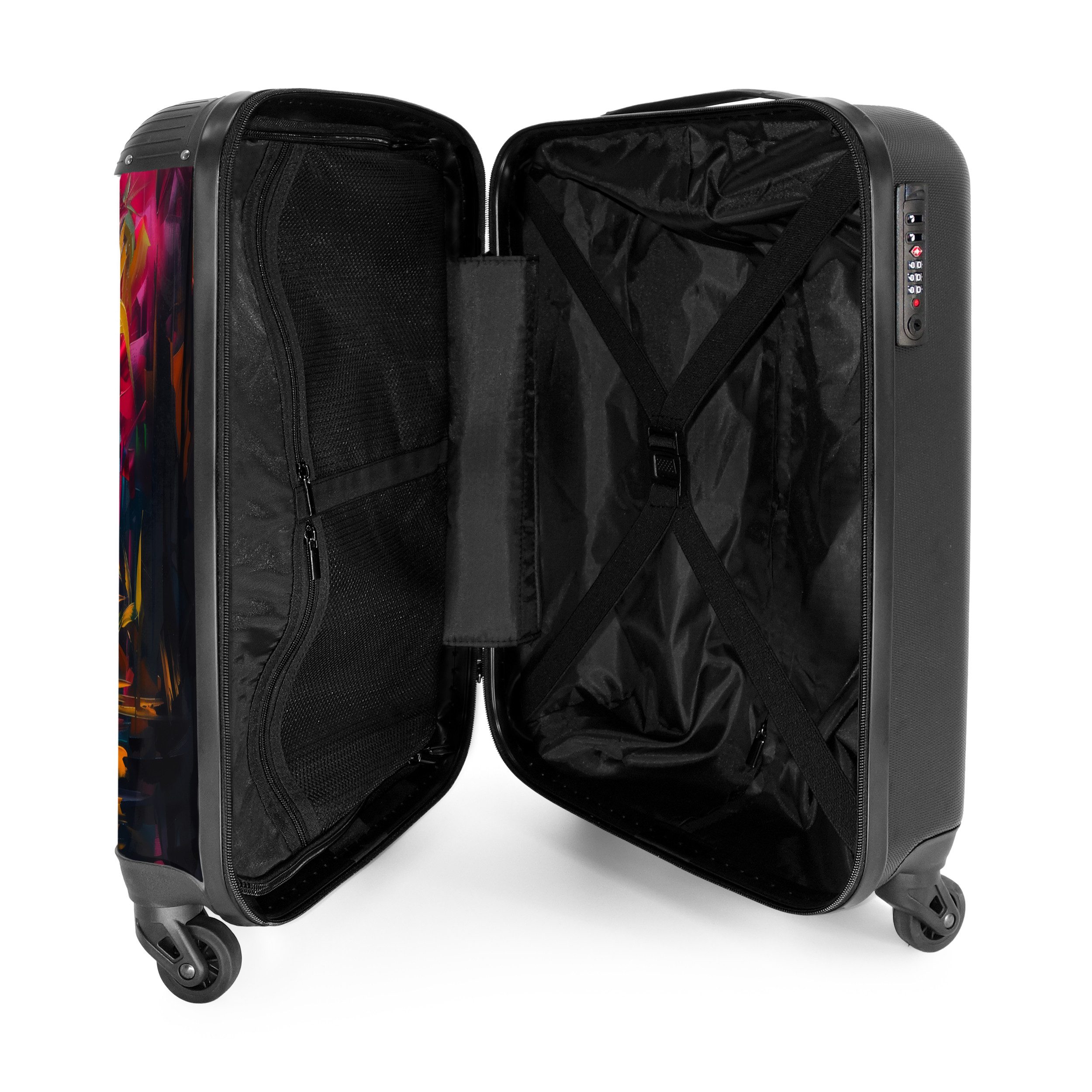 NoBoringSuitcases.com© Hartschalen-Trolley Flamingo in bunter Ölmalerei 55x35x20cm, 4 Rollen, Reisetasche mit Rollen, Koffer Handgepäck Flugzeug