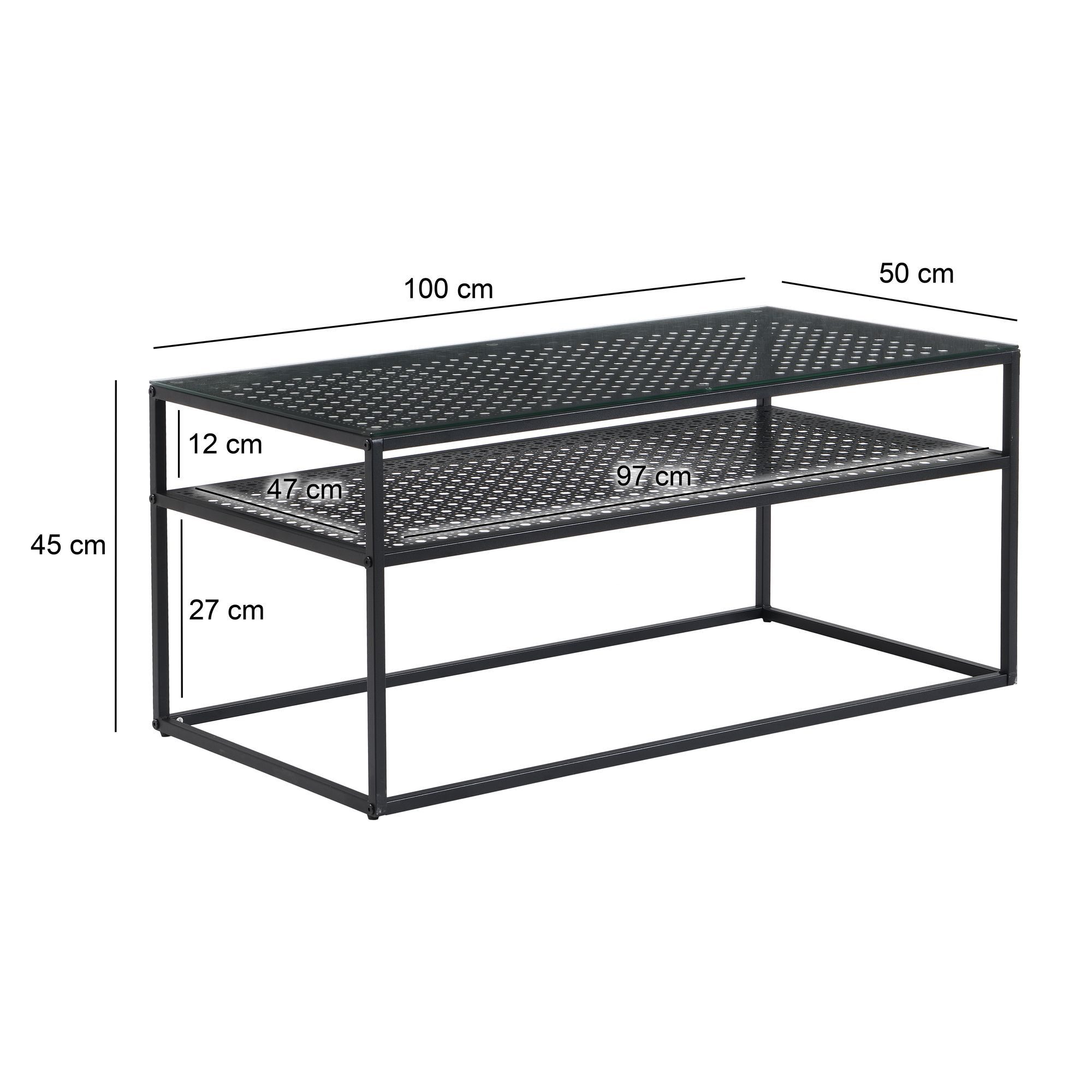 FINEBUY Couchtisch FB72741 Wohnzimmertisch Glas Rechteckig 100 cm Metall Ablage Modern (Sofatisch Glas Rechteckig 100 cm Schwarz Ablage), Wohnzimmertisch Industrial, Metallgestell Modern
