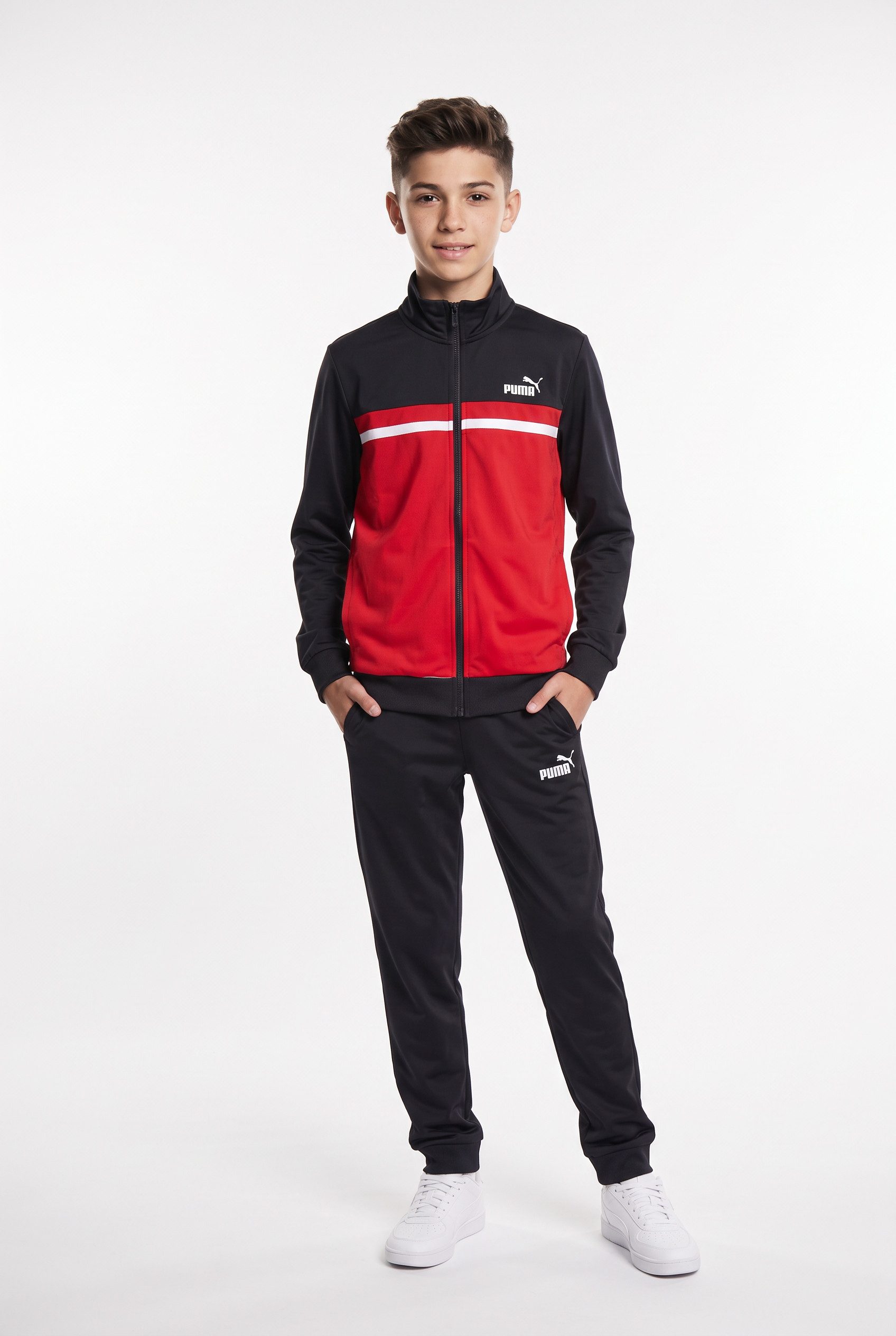 PUMA Trainingsanzug POLY COLORBLOCK SUIT B (2-tlg), zweiteiliges Set, mit Reißverschluss am Oberteil, aus Polyester