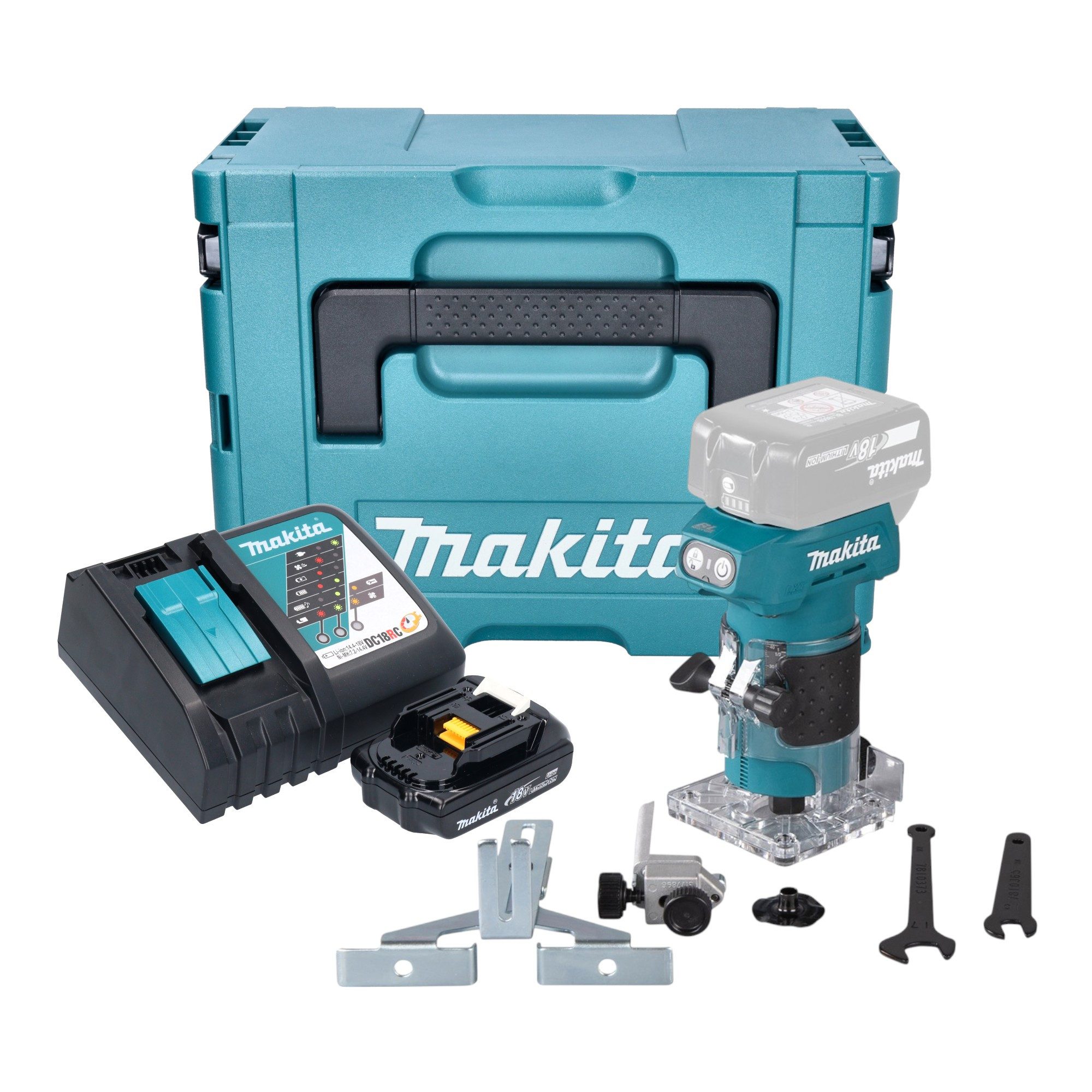 Makita Oberfräse DRT 52 RY1J Akku Kantenfräse 18 V 6 mm Brushless + 1x Akku 1,5 Ah