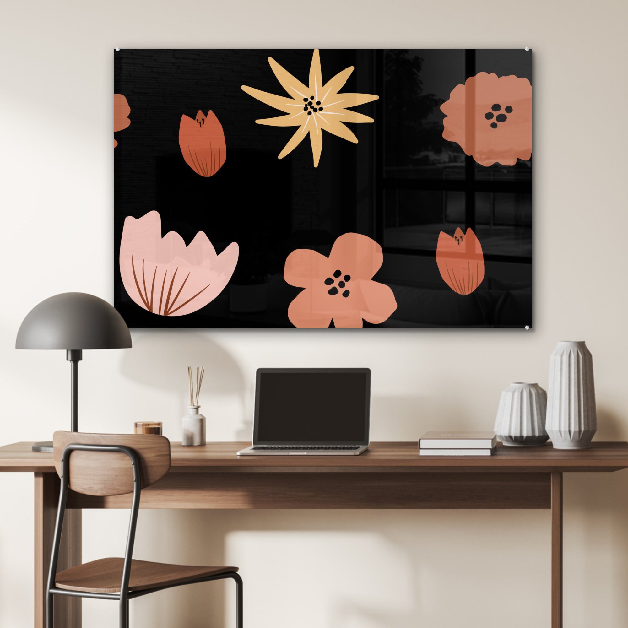 St), MuchoWow - Acrylglasbilder - (1 Blumen & Muster, Acrylglasbild Schwarz Schlafzimmer Wohnzimmer