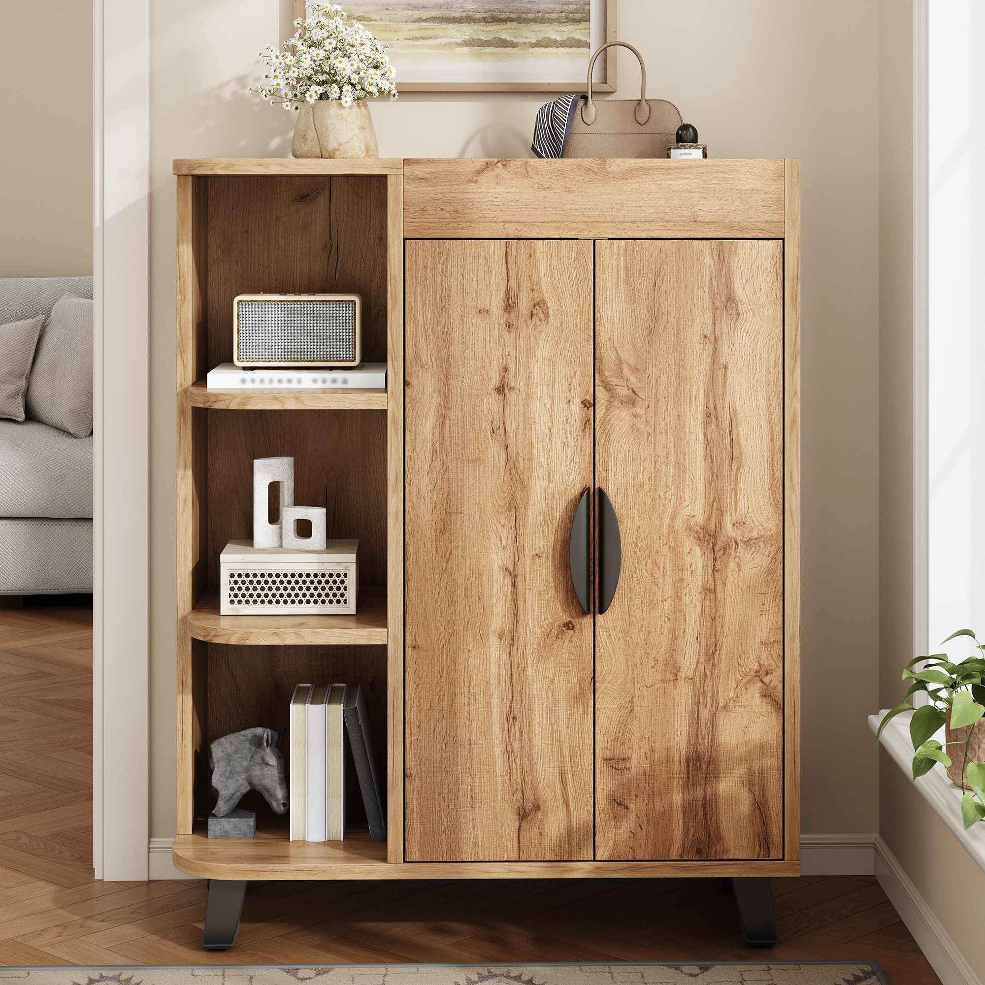 Merax Schuhschrank Schmal Schuhregal Holzoptik Mehrzweckschrank (80 x 32 x 99 cm (L x B x H), 1-St) Schuhschrank mit 2 Türen, offenen Regalen & Stauraum – Bild 3 von 5