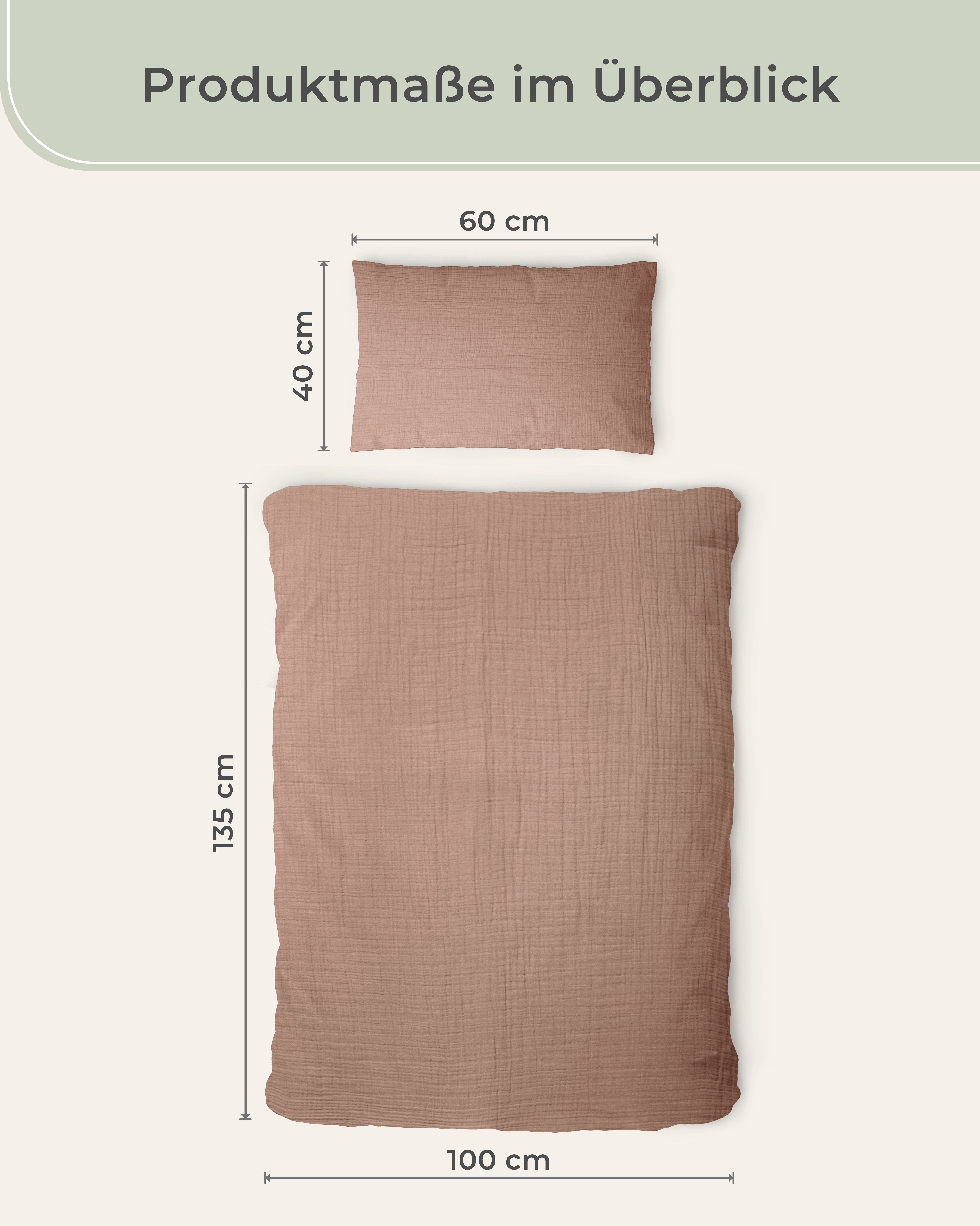 Laynenburg Kinderbettwäsche Musselin 2 teilig aus 100% Baumwolle in 100x135 cm + 40x60 cm, atmungsaktiv & bügelfrei – 3 lagig mit Reißverschluss & Haltebändern