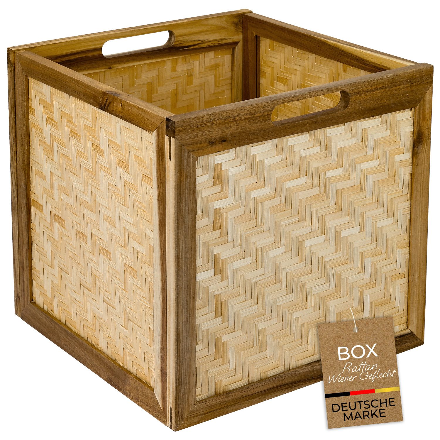 HMF Regalkorb Aufbewahrungskorb passend für KALLAX Regal, Korb aus Rattan, mit Wiener Geflecht und Akazienholzrahmen, Muster 1, 32 x 34 x 32 cm