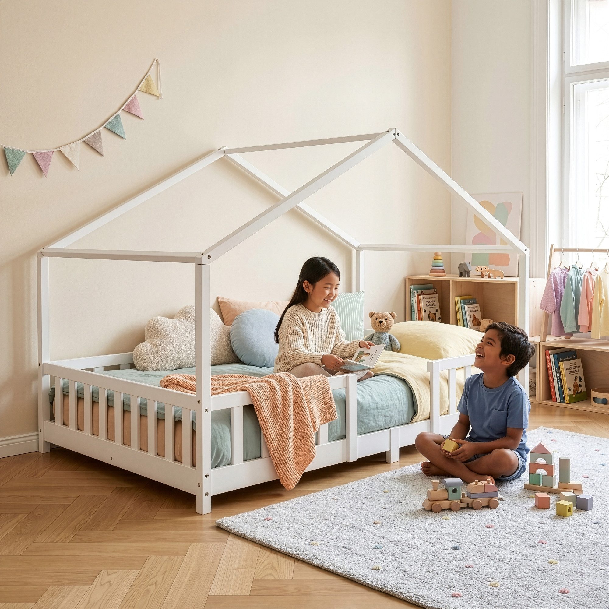 en.casa Kinderbett (Bett und Matratze), »Treviolo« mit Matratze Montessori Weiß 140x200 cm – Bild 5 von 5