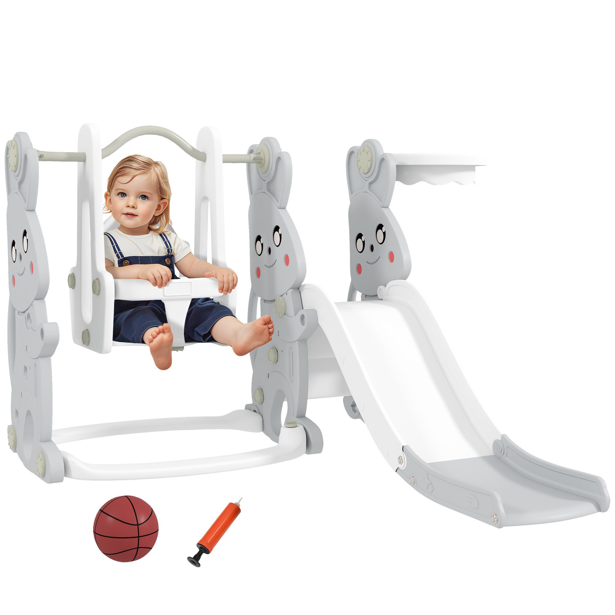 AIYAPLAY Rutsche 4-in-1 Kinderrutsche mit Schaukel Klettergerüst Basketball günstig online kaufen