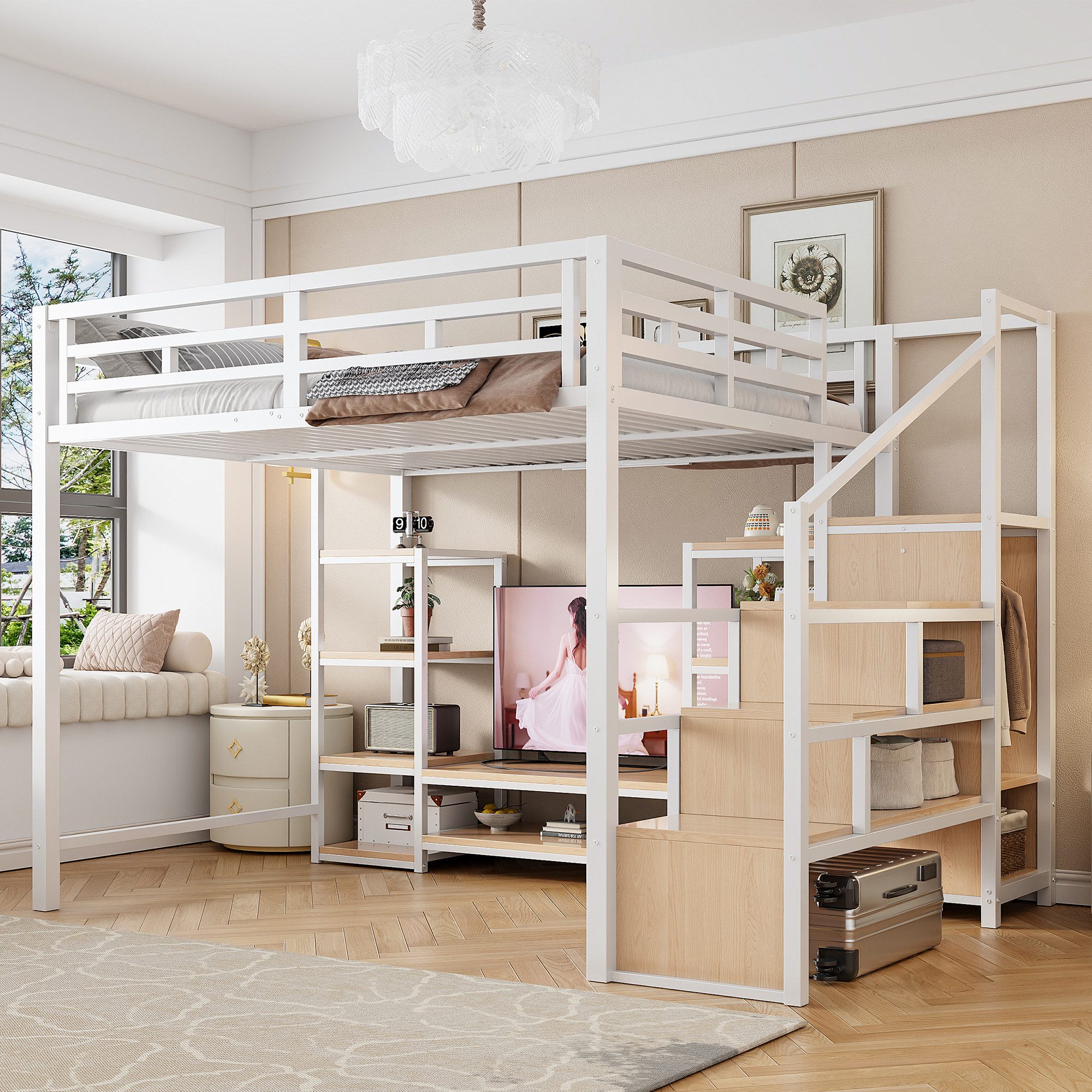 OKWISH Etagenbett Jugendbett mit Leiter, Stauraum (Kinderbett mit 2 Schubladen und Sicherheitsgeländer mit Stern- und Monddesign, 140x220 cm), ohne Matratze