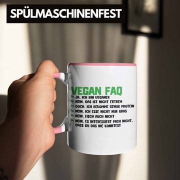 Trendation Tasse Trendation - Veganer Tasse Geschenk FAQ Vegan Geschenkidee Lustiger Spruch Vegane Lebensweise