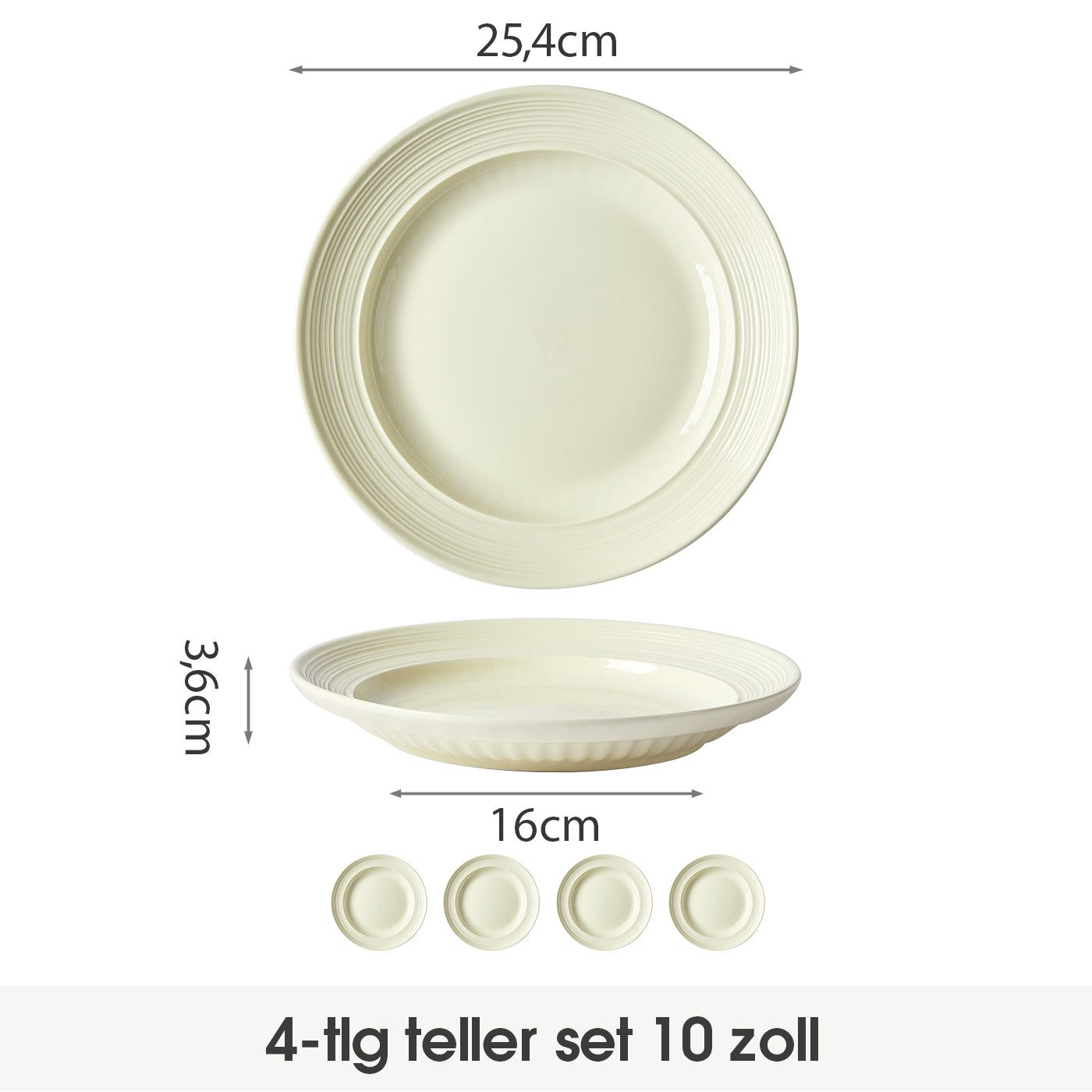 JIWOO Suppenteller 4er Ø25,4 cm, Speiseteller Frühstücksteller Salatteller Pastateller, (4 St), Keramik Hochwertiges Tellerset Beige Mikrowellen spülmaschinenfest