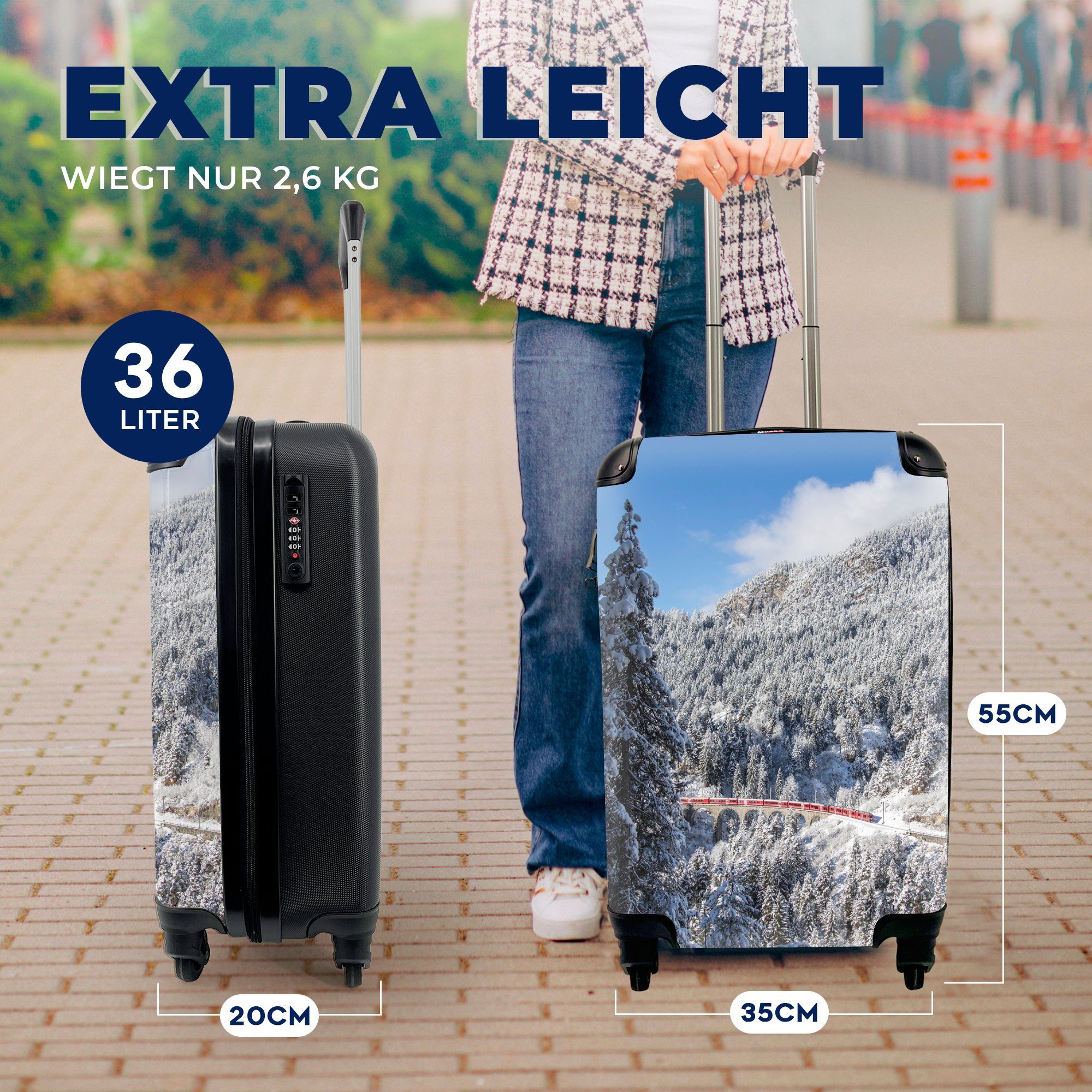 MuchoWow Handgepäckkoffer Mit dem Zug Ferien, Handgepäck Schweiz, rollen, Winterlandschaft durch der Reisekoffer für mit Rollen, Trolley, 4 die Reisetasche