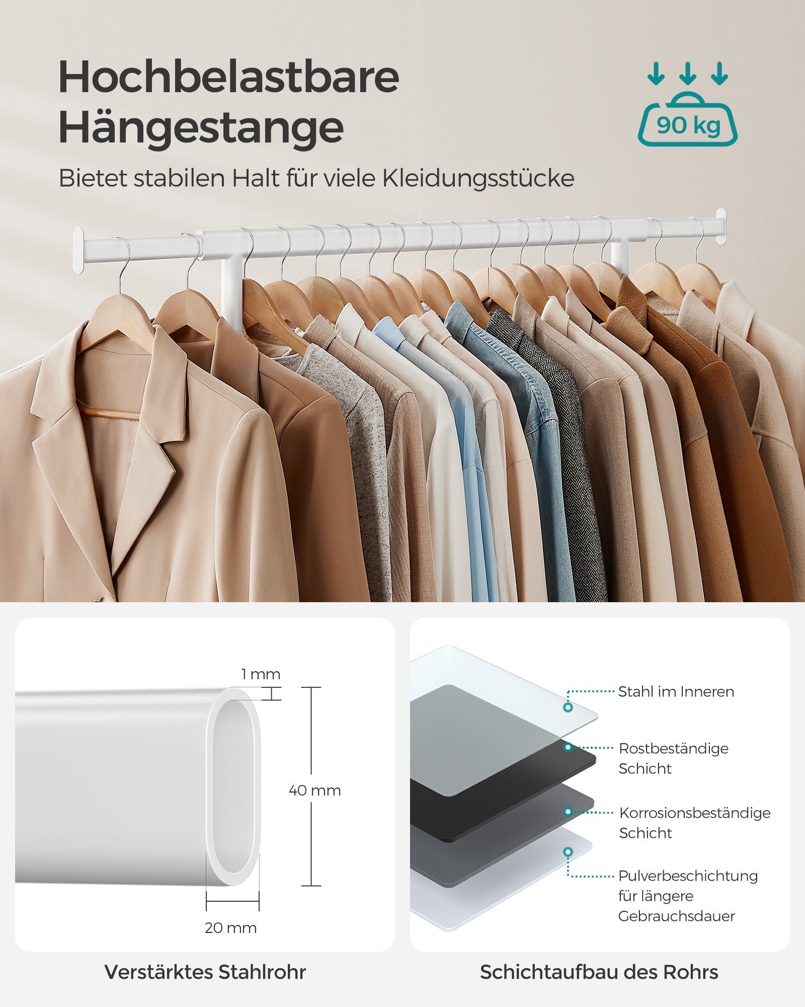 SONGMICS Kleiderständer Schwerlast-Garderobenständer ausziehbare Kleiderstange, bis 100 kg belastbar, einfache Montage, auf Rollen, transportabel – Bild 3 von 5