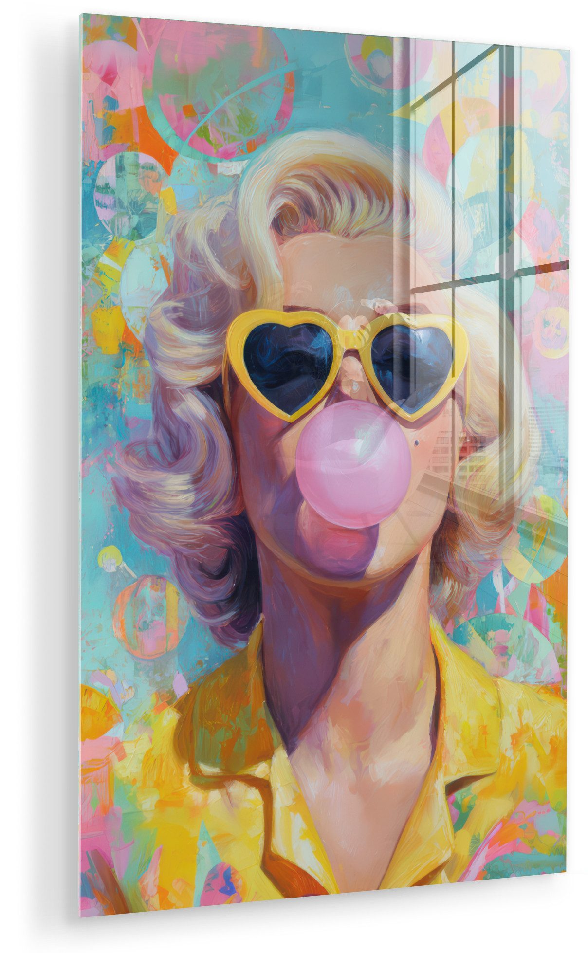 MuchoWow Acrylglasbild Frau - Blond - Rosa Kaugummi - Bunt - Pastell, Inkl. Aufhängung, Dekorative Bild für Küche & Wohnzimmer auf Glas, 20x30 cm