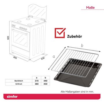 Simfer Gas-Standherd SMF FS 6031, 60 cm, Gaskochfeld mit Elektro-Backofen, 66 Liter Garraum, mit Teleskopauszug nachrüstbar, Grillfunktion, Seitengitter, Timer, Elektrische Taktfunkenzündung