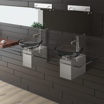 Alpenberger Doppelwaschbecken aus 2 Klarglas Waschschalen & Waschtischplatte & Edelstahlkasten (9-tlg., Doppelwaschtisch mit 2 Aufsatzwaschbecken aus Glas), Moderne Schalen Waschbecken aus Sicherheitsglas