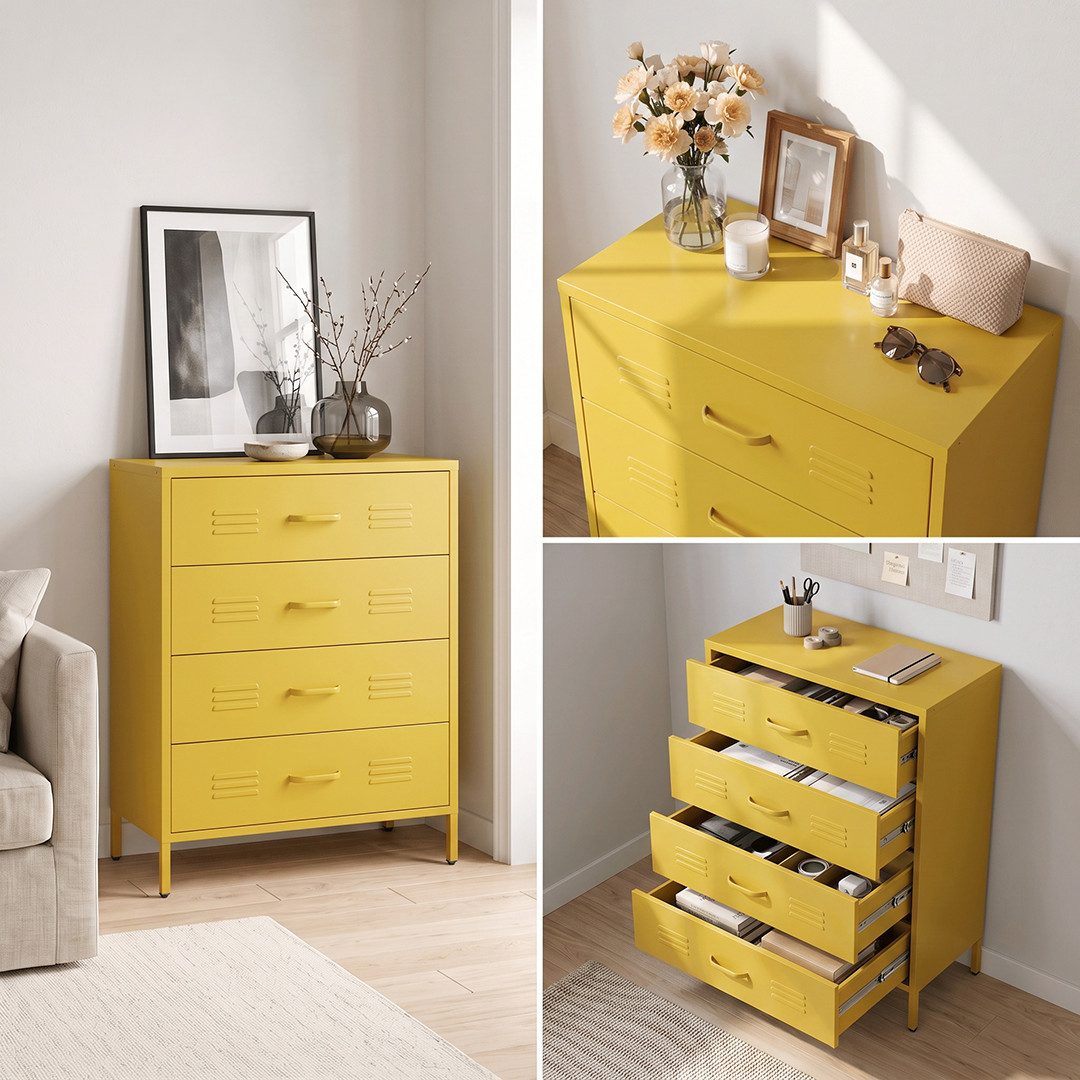 skølm Kommode Atria aus Metall (Senfgelb), Sideboard mit 4 Schubladen, Metallschrank mit höhenverstellbaren Füßen – Bild 5 von 5