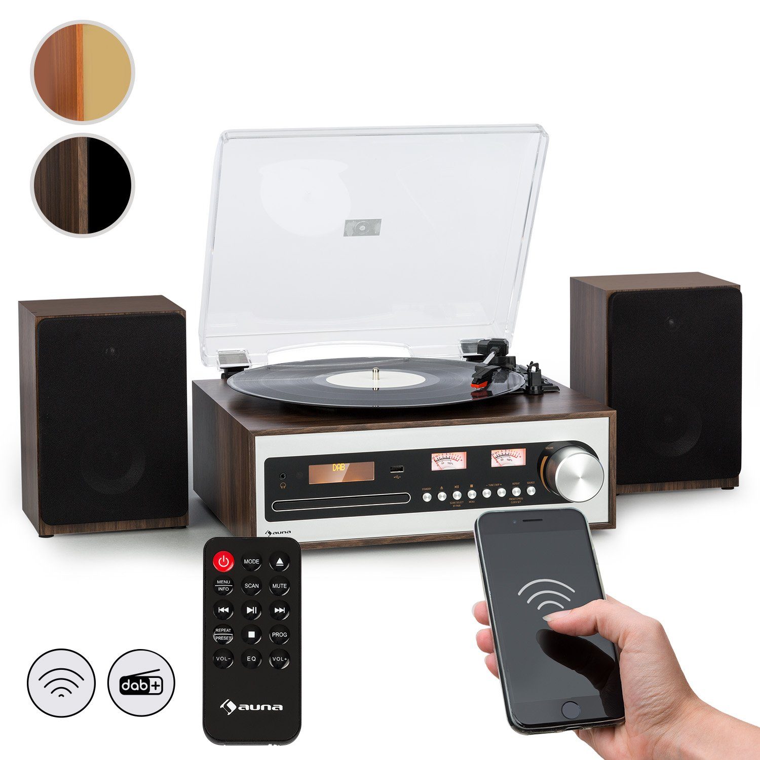 Auna Oxford SE Stereoanlage (DAB+ und FM Radiotuner, 20 W, Bluetooth Stereon DAB FM Vinyl CD Player Schwarz) Silber