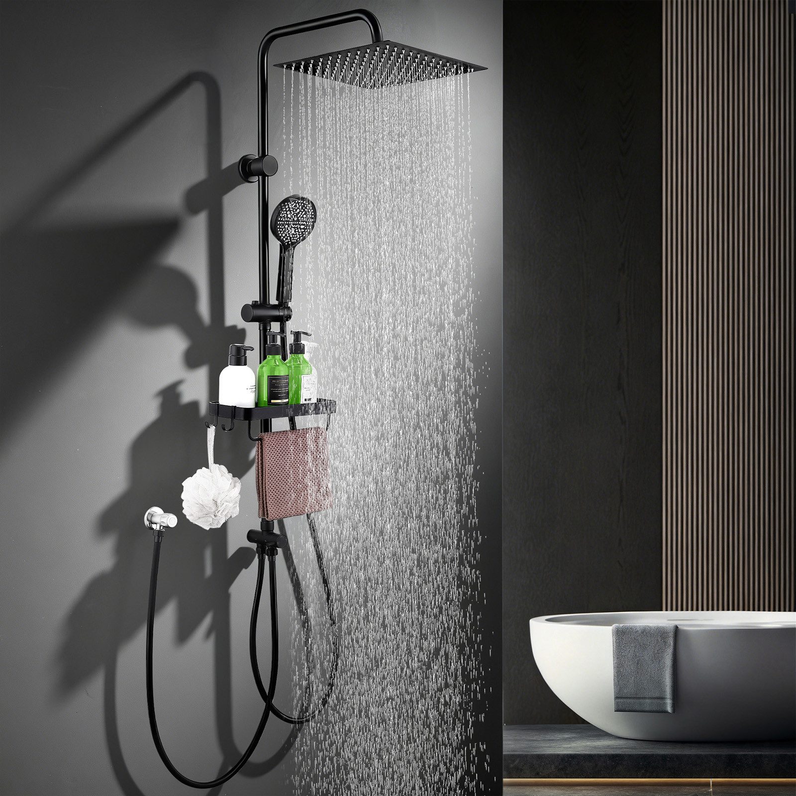 HOMELODY Duschsystem mit 30 cm SUS304 Regendusche und Duschablage, 5 Strahlarten Handbrause, höhenverstellbar, ohne Neubohren, Schwarz