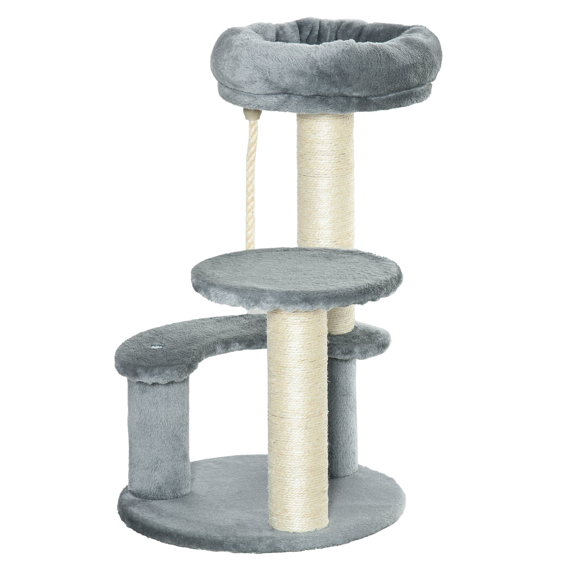 PawHut Kratzbaum Katzenbaum 3-Stufiger Spielbaum mit Katzenbett, Sisalsäulen, Grau, Ø40 x H65 cm