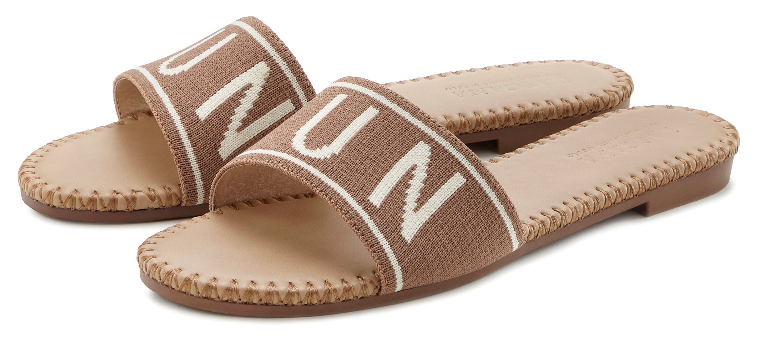 LASCANA Pantolette Mule, Sandale, offener Schuh aus Textil mit modischem Schriftzug VEGAN