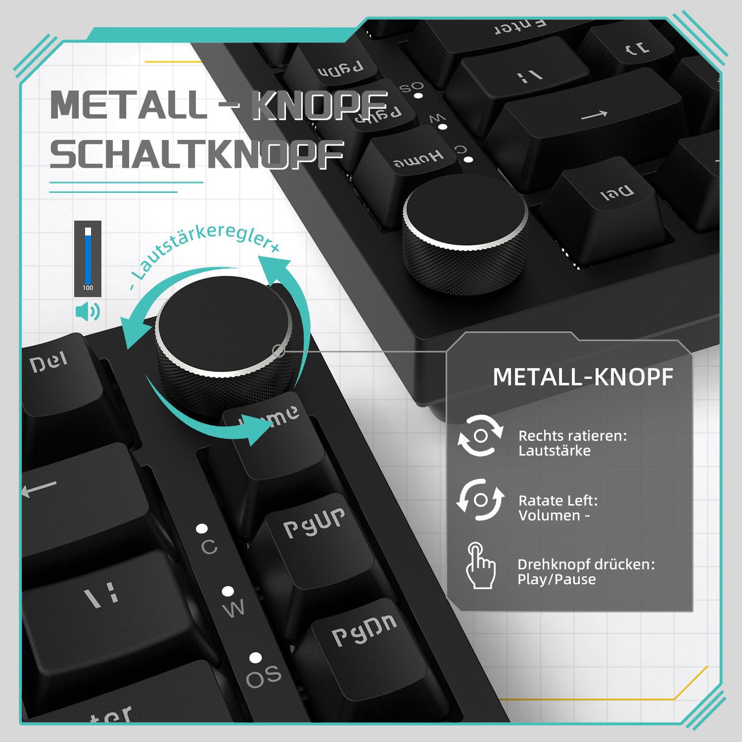 AJAZZ AK820 Mechanische Tastatur mit Knopf,75% ANSI-Layout Gaming-Tastatur (81 keys, improved seal assembly, hot-swap)