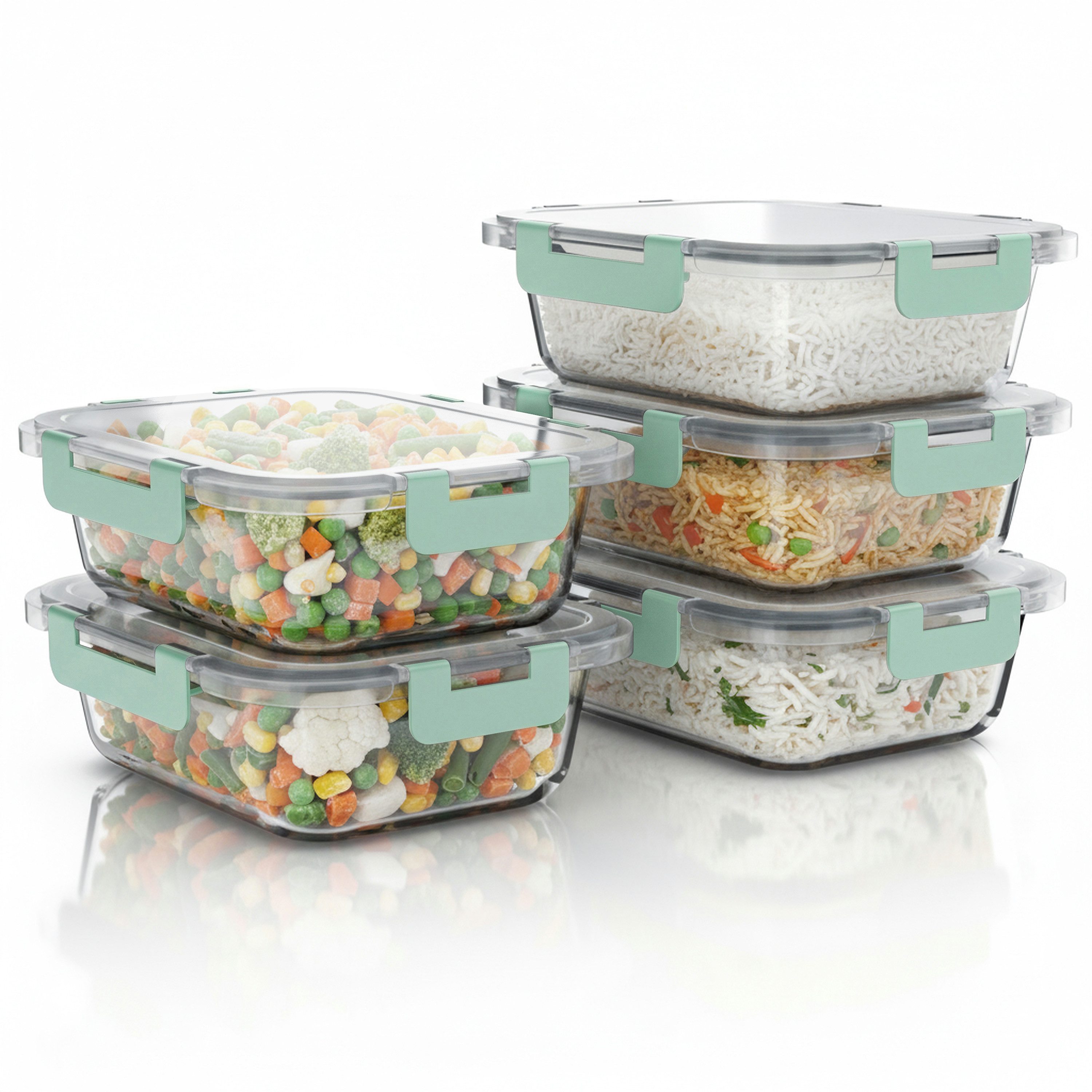 Arendo Frischhaltedose mit Deckel 5er Set, Vorratsdosen, Glas-Lunchboxen, auslaufsicher, Borosilikatglas; Kunststoff, (5-tlg), Mikrowellen-, Ofen-, Gefrier- & spülmaschinengeeignet, Klickverschluss