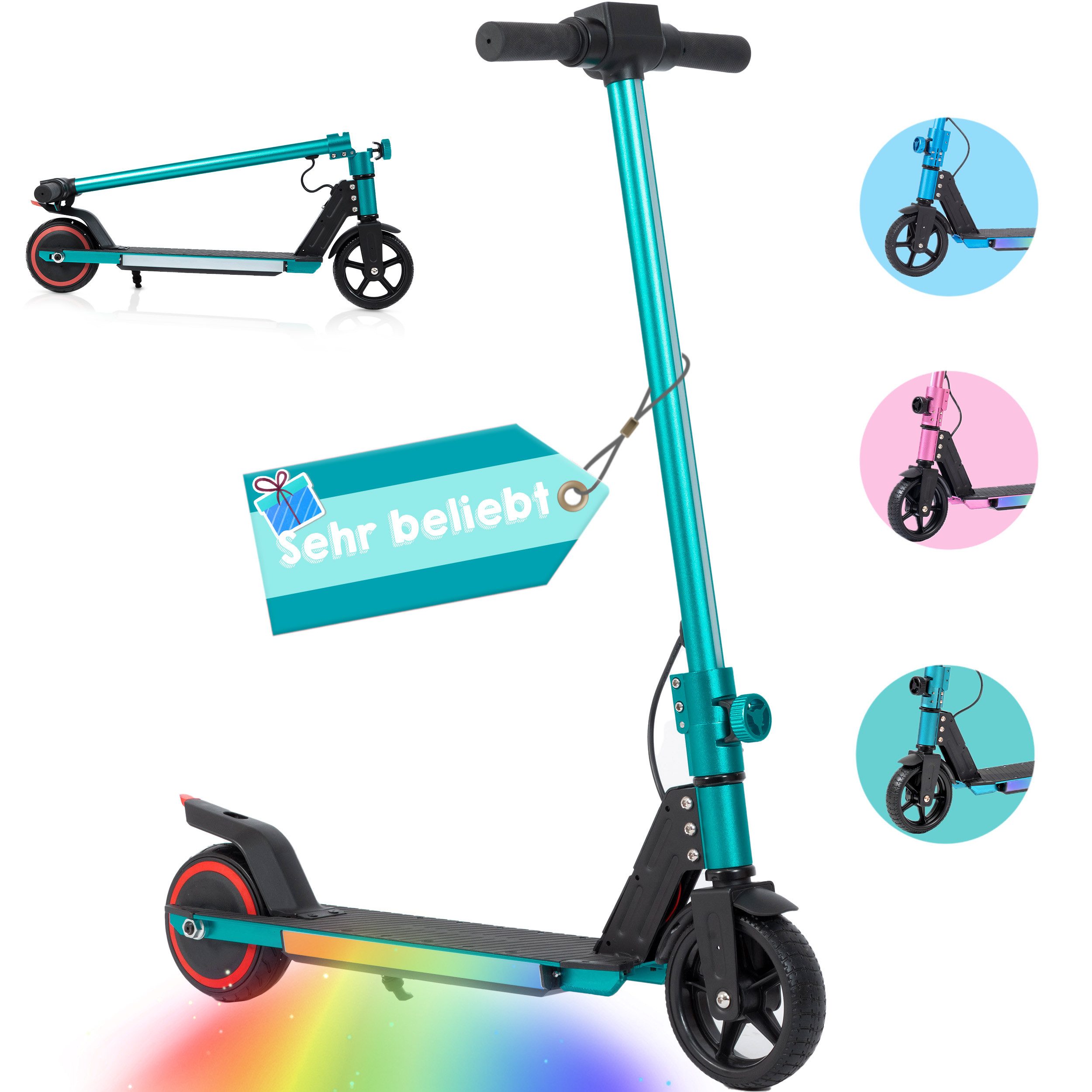Vankel Elektro-Kinderroller ab 6 Jahre, 6,5'' E-Scooter für Kinder, 60Wh, 6-12km, klappbar, 14km/h, Cityroller kinder, Bunte Leuchten, mit großen Rädern