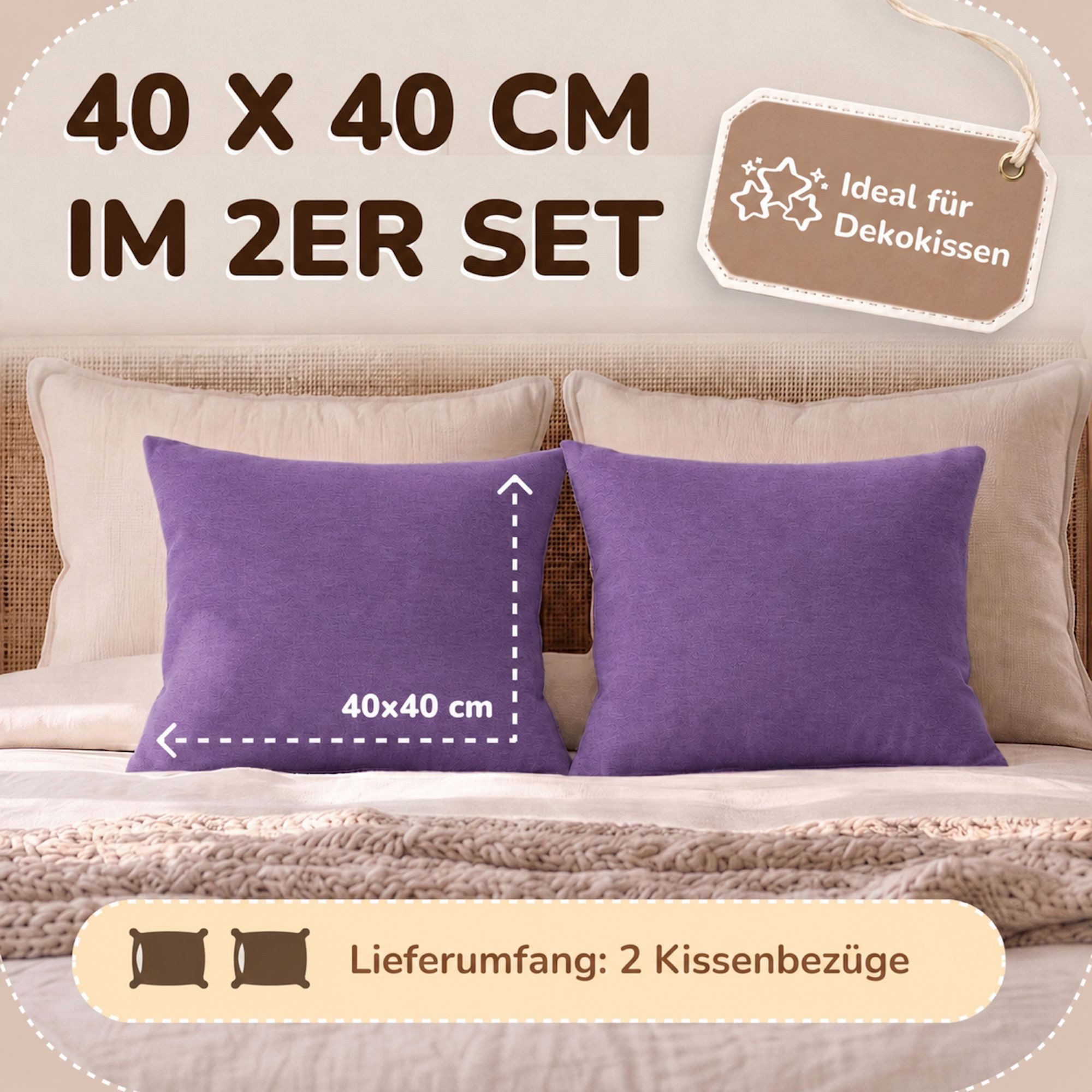 leevitex® Kissenbezüge Kissenbezug 40 x 40 cm, 2er Set, Lila/Pflaume, (2 Stück), feine Jersey-Qualität, 100% Baumwolle, robuster Reißverschluss