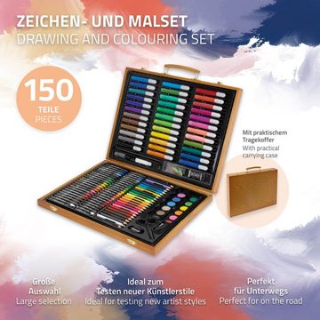 ECD Germany Malstift Malkoffer Künstler Set Zeichenset Pinselset, 150-Teilig Holzkoffer Filzstiften Wachsmalstiften Ölpastellkreide