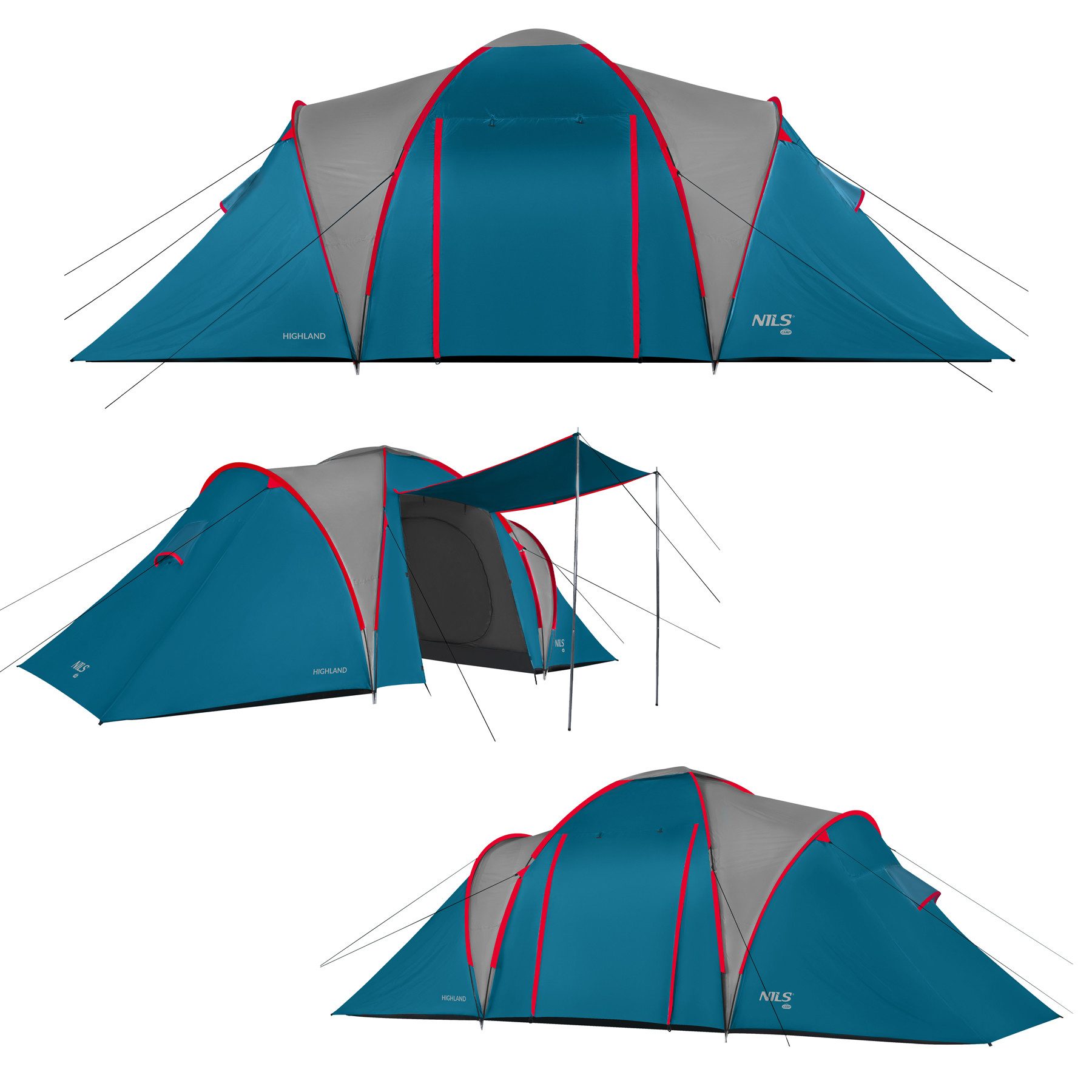 Kuppelzelt Campingzelt großes Zelt "Highland" Blau mit 2 Schlafkabinen