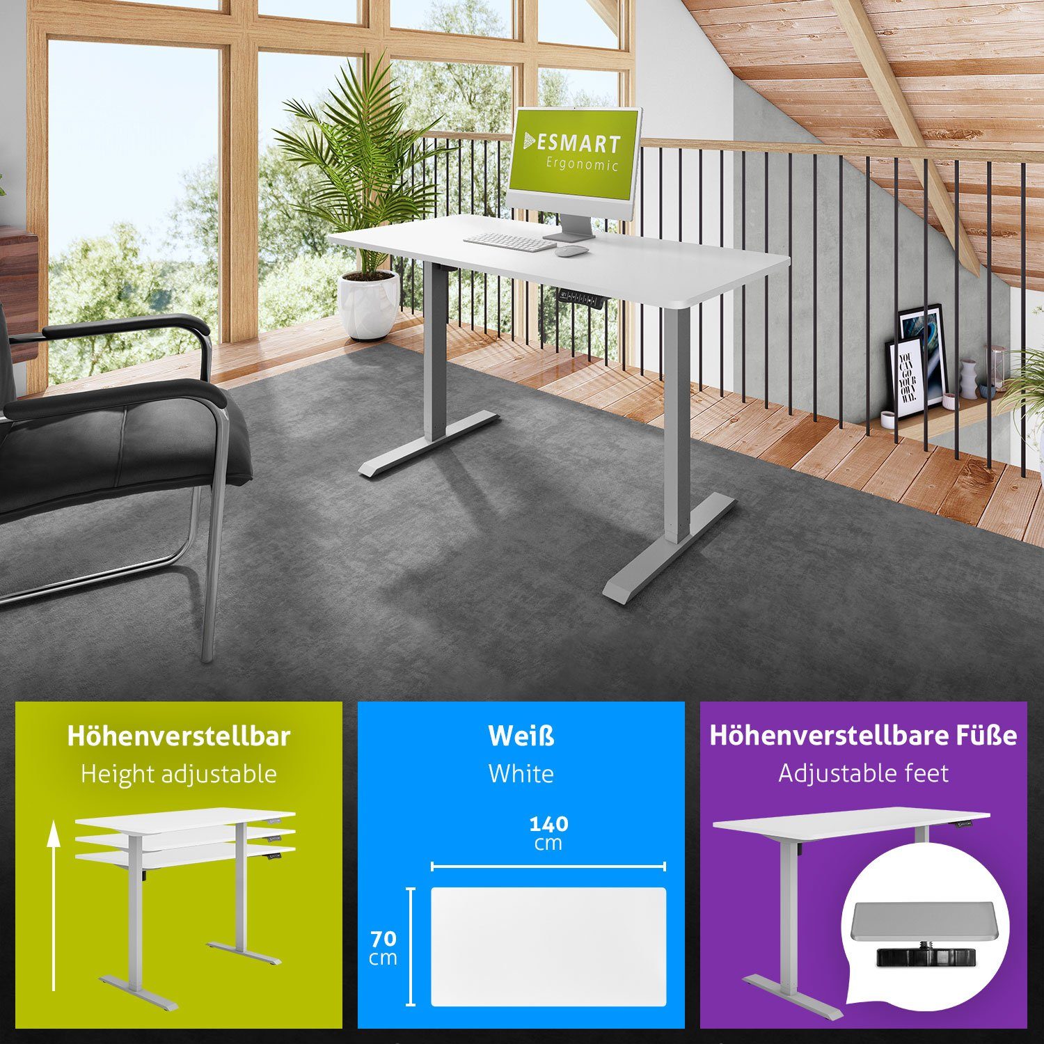 70 Schreibtisch Weiß Elektrisch Rahmen: 140 Germany, x ETX-121 / cm Schreibtisch Grau Tischplatte: höhenverstellbarer ESMART ESMART