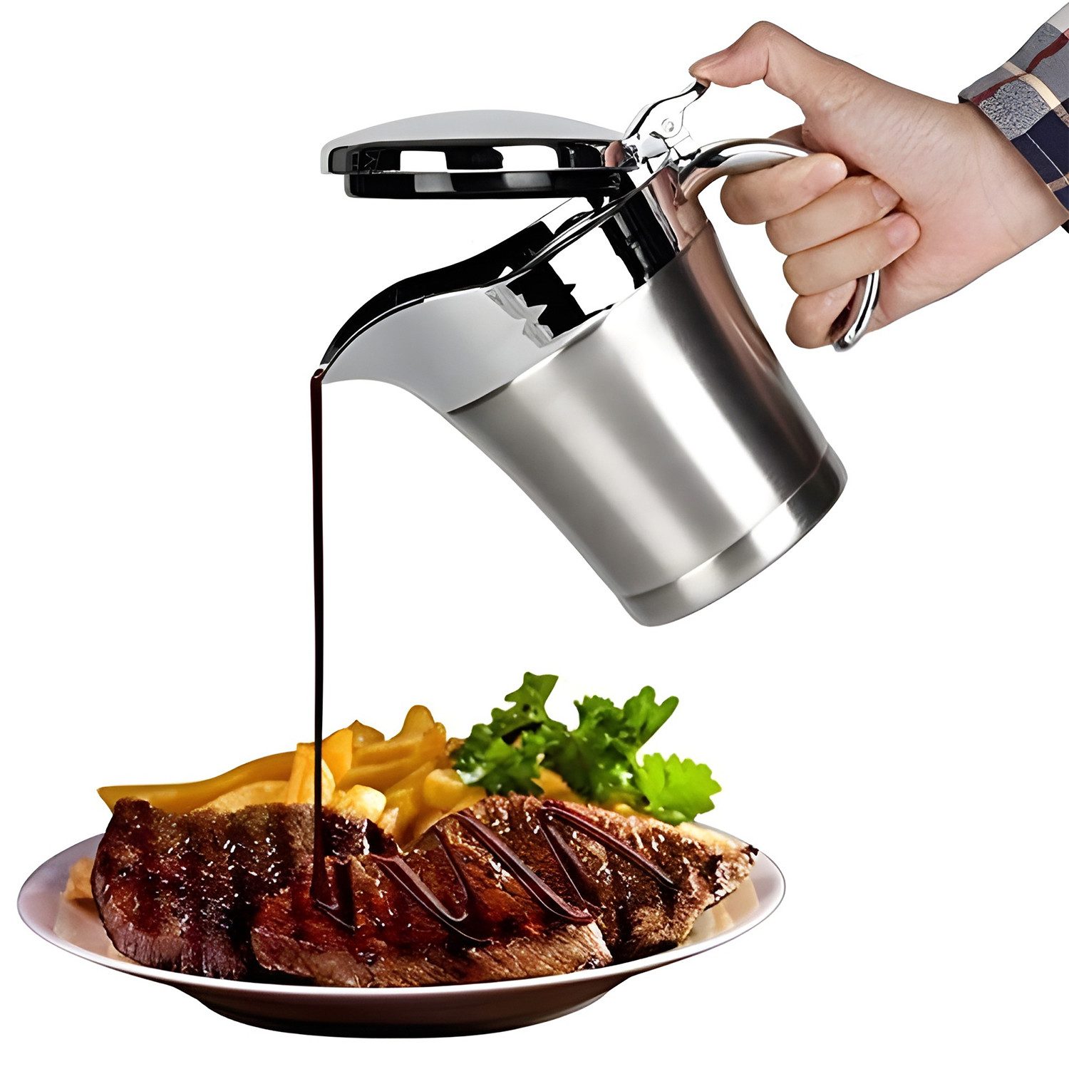 OSTWOLKE Sauciere Edelstahl Thermo-Sauciere 450ML, (1-tlg), Einhand-Bedienung, mit Klappdeckel