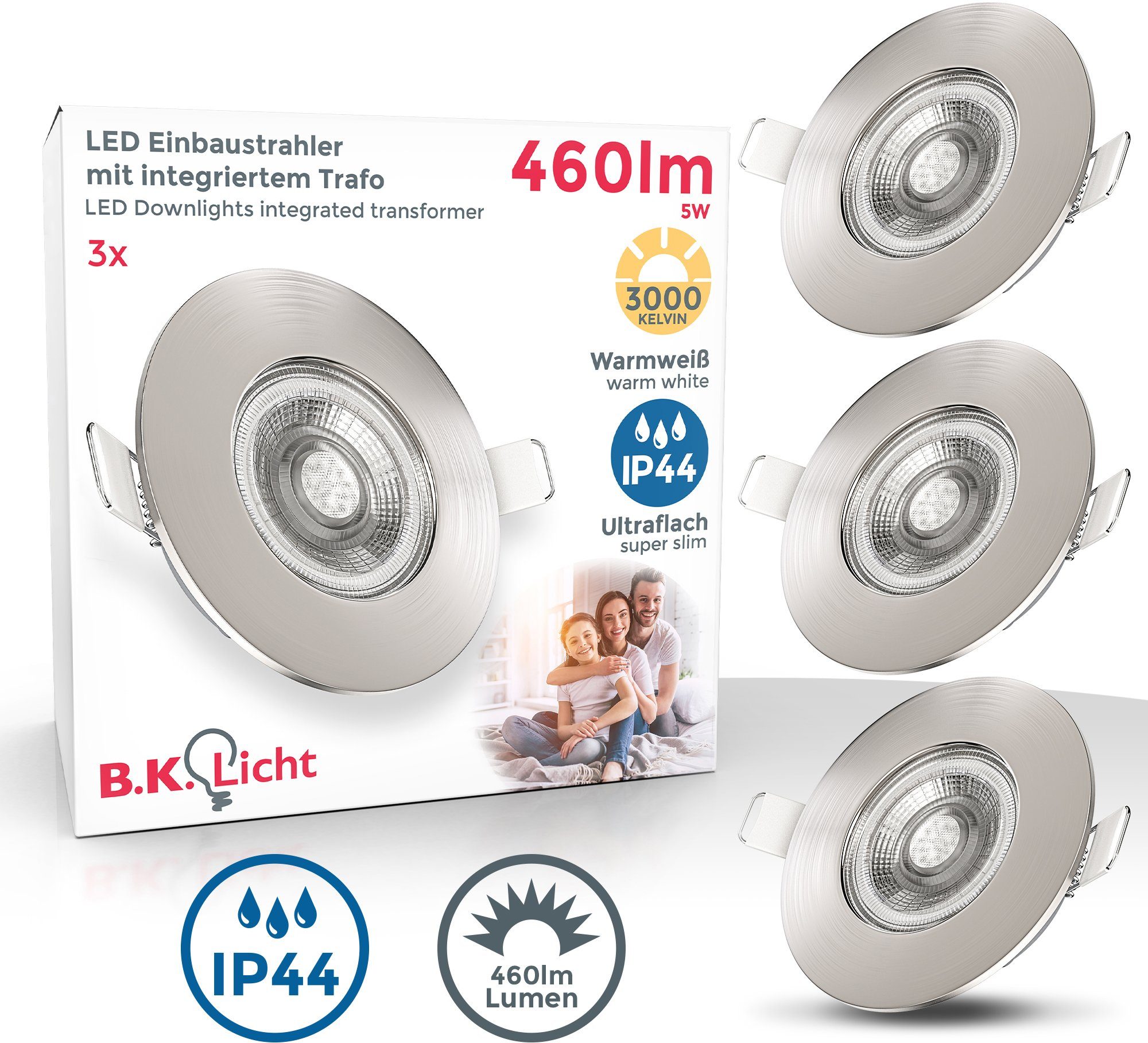 Spots Lampe ultraflach Einbaustrahler integriert, LED IP44 LED Einbauleuchte, Bad Deckenspots LED B.K.Licht Warmweiß, fest