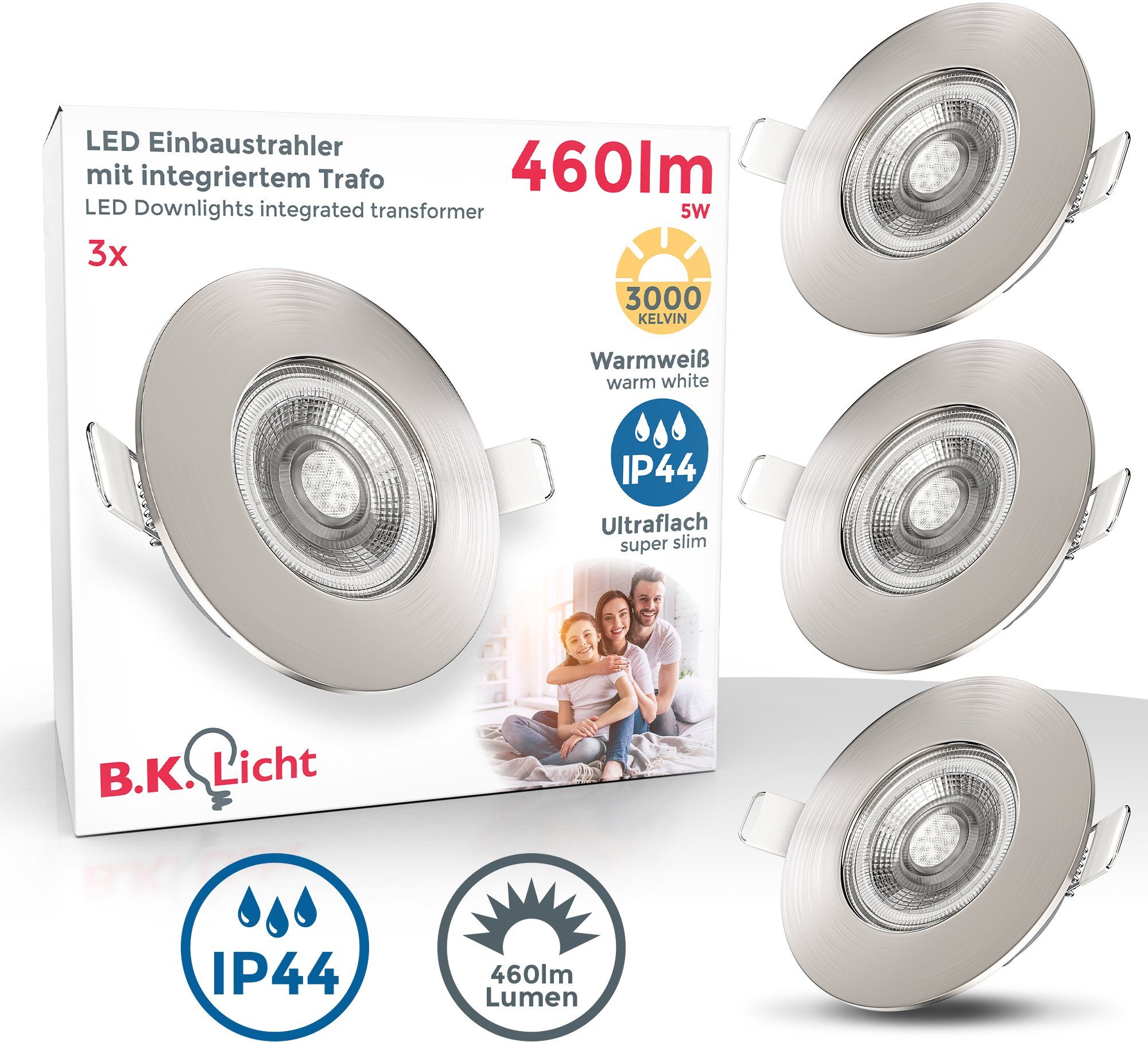 B.K.Licht LED Einbauleuchte, LED fest integriert, Warmweiß, LED Einbaustrahler Bad Spots Lampe ultraflach Deckenspots IP44