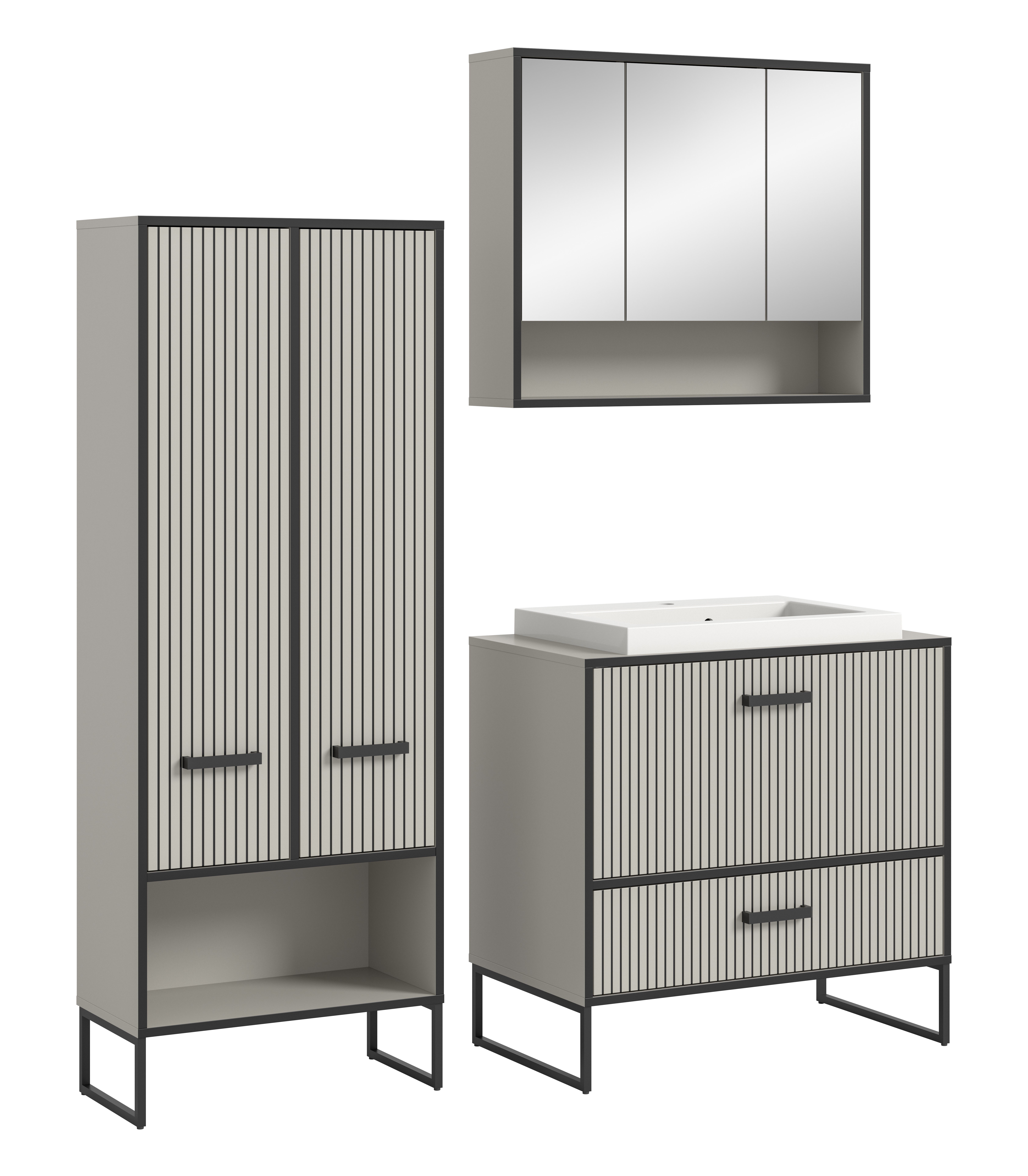 furnling Badmöbel-Set Benno, (3-St., aus Hochschrank, Spiegelschrank, Waschtisch mit Waschbecken), Rillenoptik, Breite 154 cm, Badschränke, Badmöbel, Kaschmir