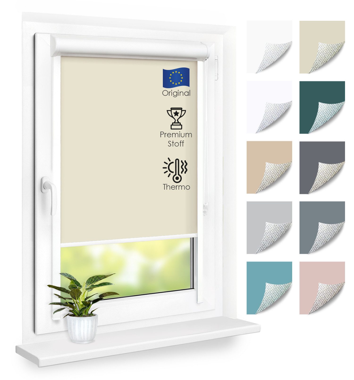 Rollo Premium Kassettenrollo mit Seitenschienen, DomDeco, blickdicht, ohne Bohren, durch Kleben oder Schrauben