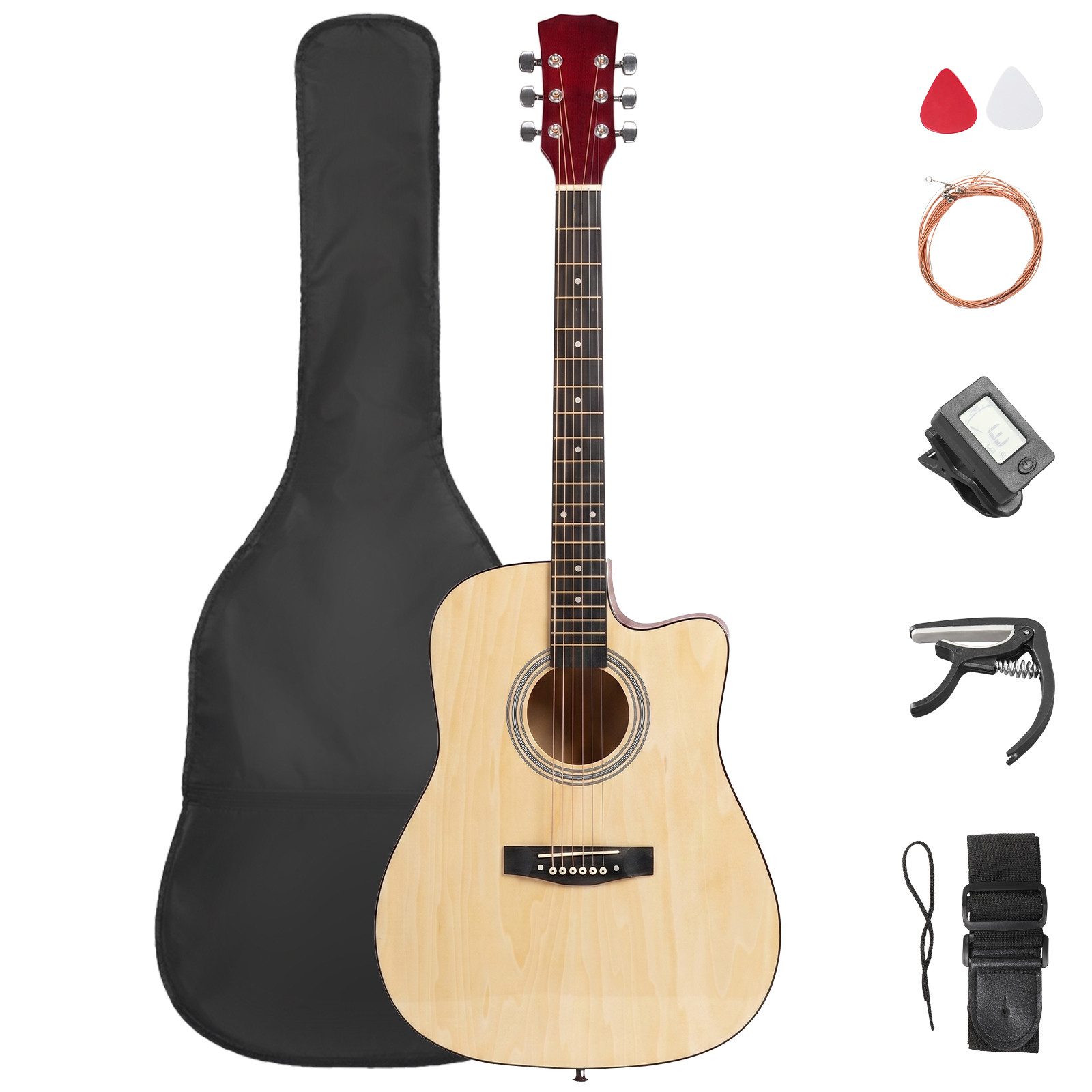 LALAHO Akustikgitarre 41 Inch Hartholz Cutaway mit Griffbrett,Konzertgitarre Westerngitarren, Set inkl. Tasche, Ersatzsaiten, Gurt und Plektren