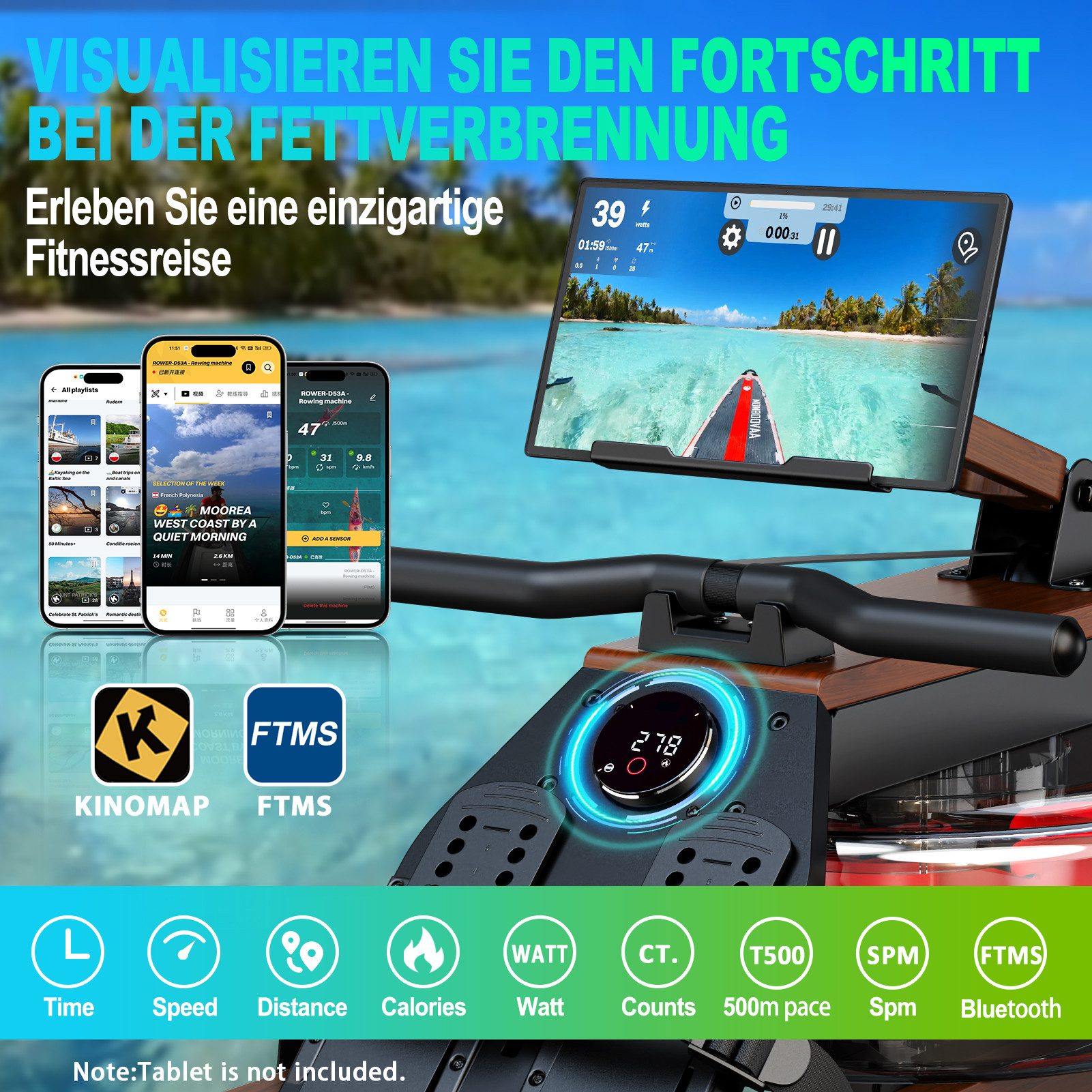 VOWVIT Rudergerät für Zuhause, mit Hochwertigen Holzdesign, Bluetooth (1-tlg), Geeignete Benutzergröße von 1.2 m bis 2 m, 175 KG Gewichtsbelastung