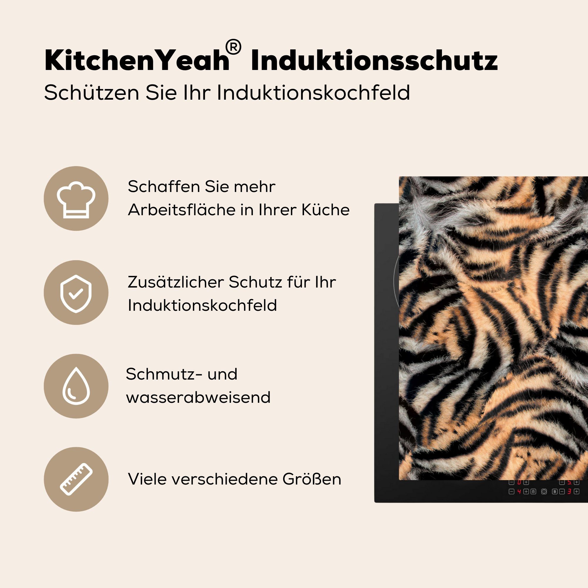 tlg), Vinyl, Tigerdruck cm, Wilde für Tiere Arbeitsplatte - Pelz, 78x78 (1 Ceranfeldabdeckung, MuchoWow - küche Herdblende-/Abdeckplatte