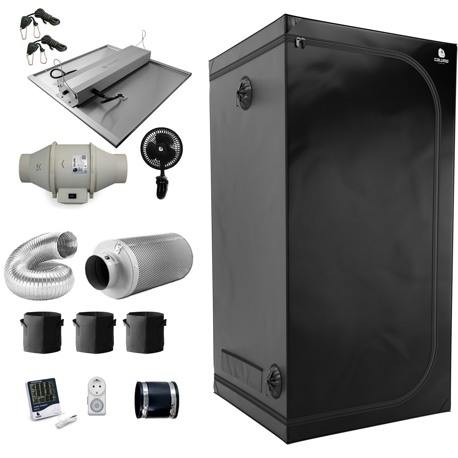 Caluma Gewächshaus Growbox Komplett Set - 100x100 cm Growzelt, 240W LED, für 3 Pflanzen, BxTxH: 100 x 100 x 200 cm, Komplettset, Zelt,Lampe,Lüfter,Filter,Hygrometer,Töpfe,Ventilator,Schloss,Uhr, 100x100x200 cm,240W LED,Axiallüfter 295m³/h,Aktivkohlefilter 270m³/h
