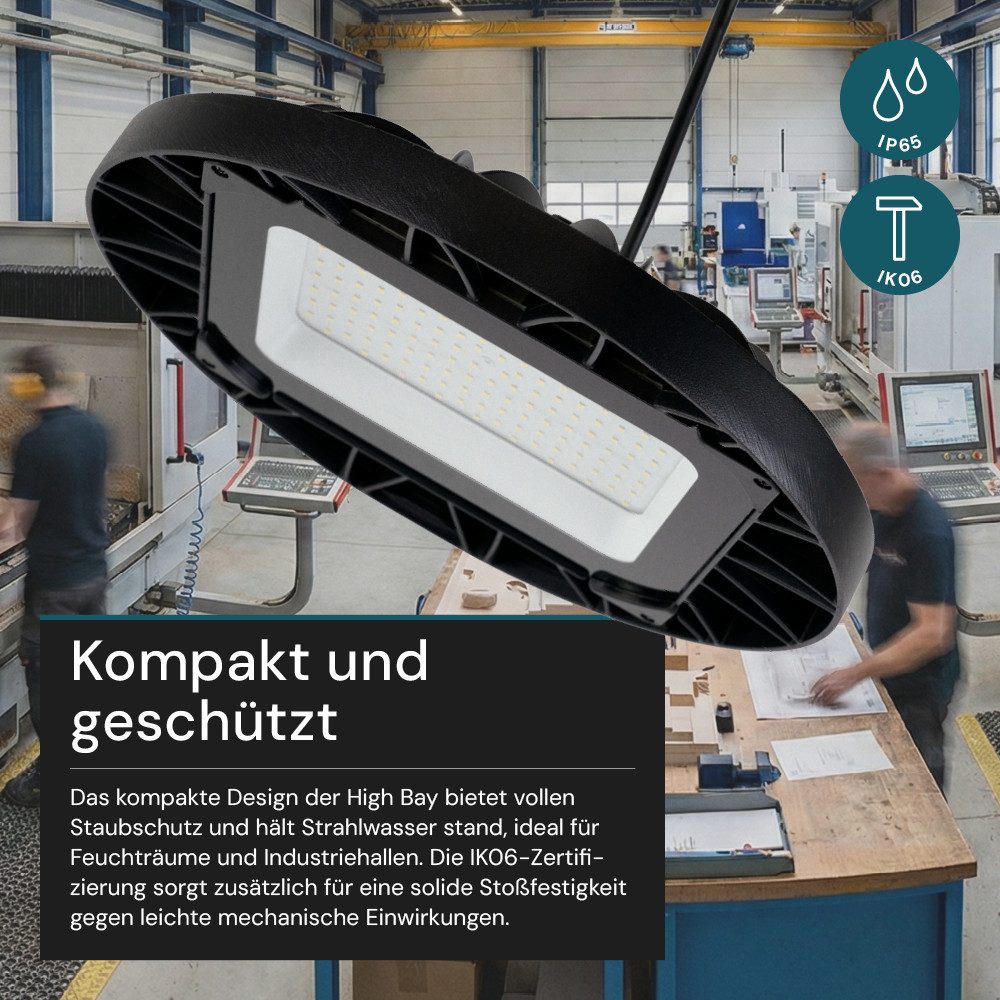 LUXULA LED Arbeitsleuchte LUXULA LED Hallenstrahler HighBay 100 W 5000 K Neutralweiß Schwarz, LED fest integriert, Tageslichtweiß, spritzwassergeschützt