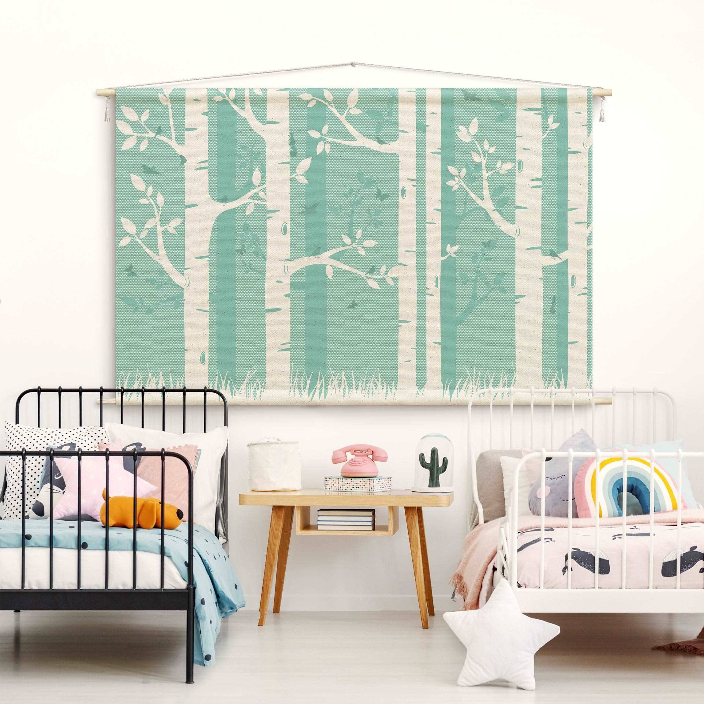 Bilderdepot24 Wandteppich Kinderzimmer modern Wald Unifarben Wald türkis, rechteckig, Höhe: 2.6 mm, großes Wandbild aus Natur-Baumwolle Wandbehang Stoffbild Tuch Wollseil
