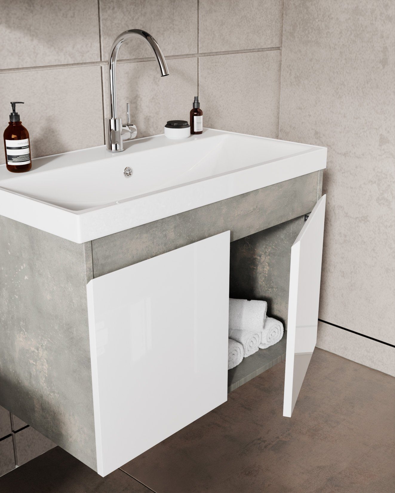 Karen Badmöbel-Set Badmöbel Set Alfa, (Komplett-Set, 3-Teilig (Unterschrank, Spiegelschrank, Waschbecken), 3-St., Unterschrank mit Türen, Spiegelschrank mit Türen & Regalen), Retro-Stil, Front in Weiß, Softclose