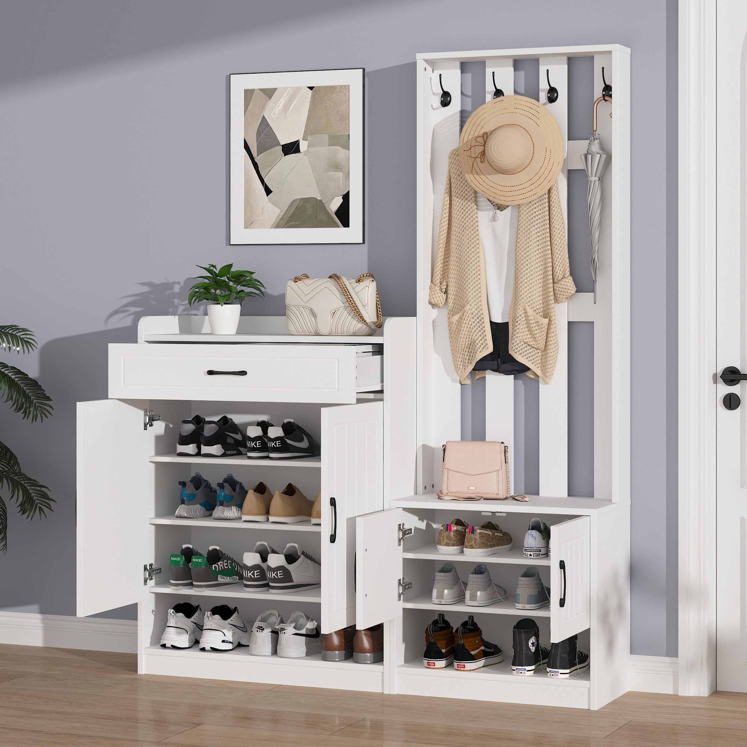 STILVORA Garderoben-Set Flurgarderobe mit Schuhschränke,Schuhwechsler-Set PB,Flurmöbel Weiß, (Wandhängeschrank, Flurtrockenständer, Kleiderschrank, 1-St., 140*32*180cm), Kombination: Bank + Garderobenpaneel + Schuhschrank