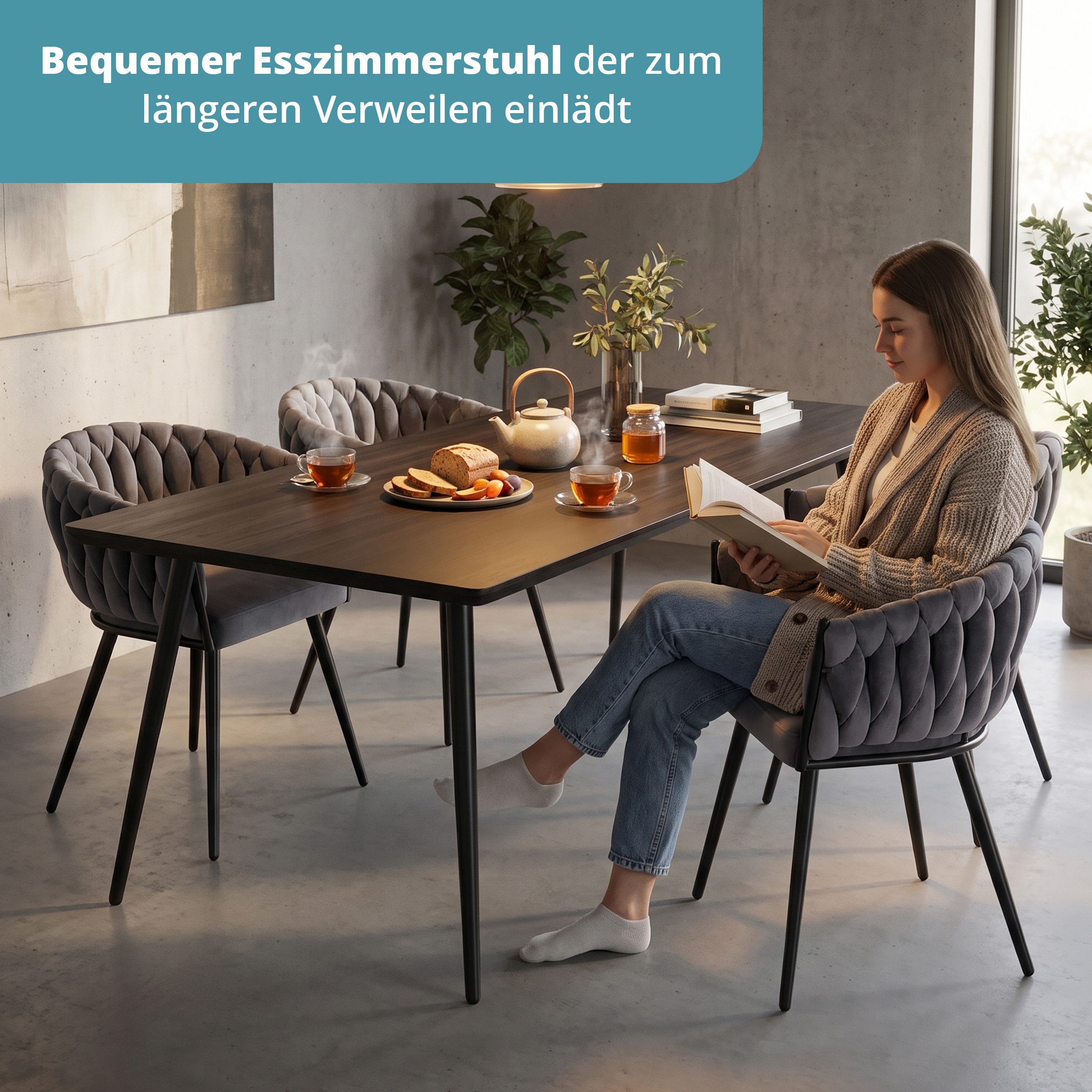 KHG Esszimmerstuhl Küchenstuhl im Industrial-Look Samt Dunkelgrau mit edlem Zopfmuster (Indoor-Polsterstuhl), Metallgestell Schwarz pulverbeschichtet bis 120 kg – Bild 3 von 5